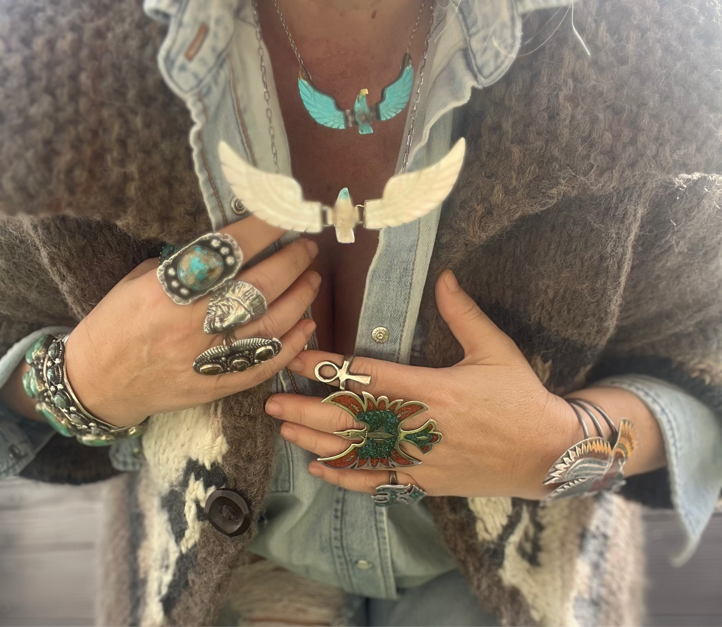 Vintage Signed Marie Bahe Navajo Turquoise Articulated Thunderbird Necklace