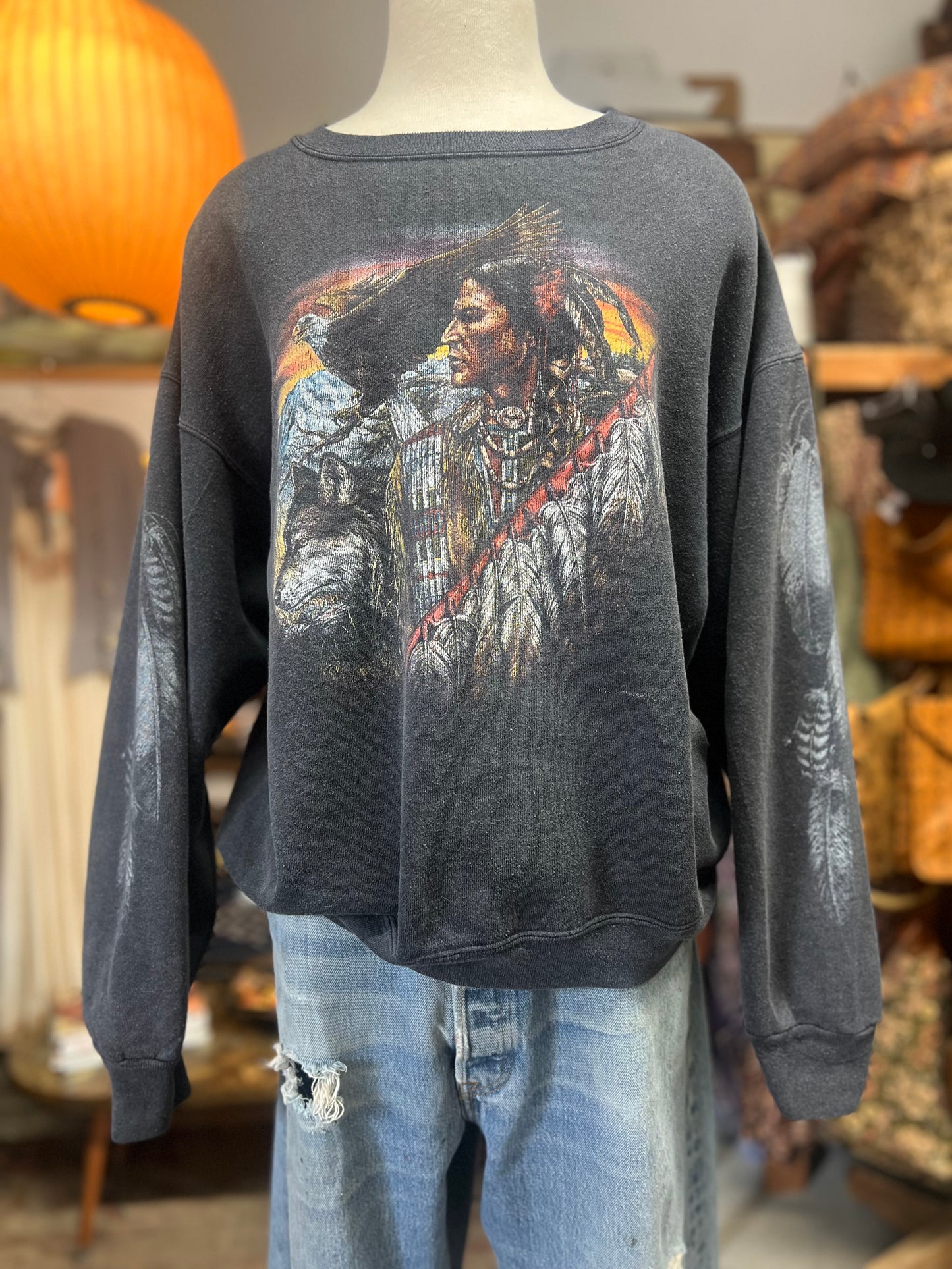 Vintage Native American Oversized Sweatshirt Feather Sleeves XL