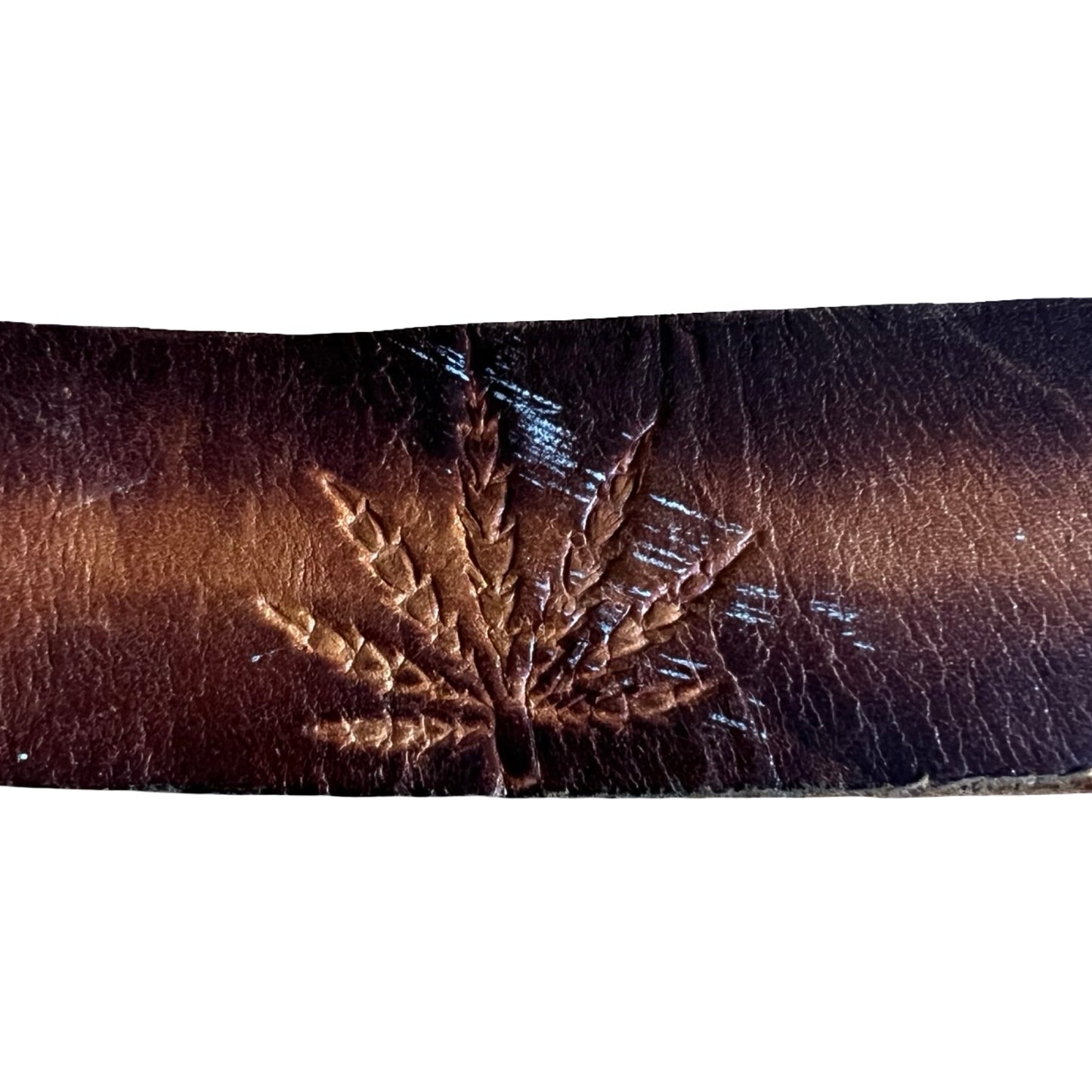 Vintage 70’s Hand Tooled Weed Leaf Brass Buckle Belt