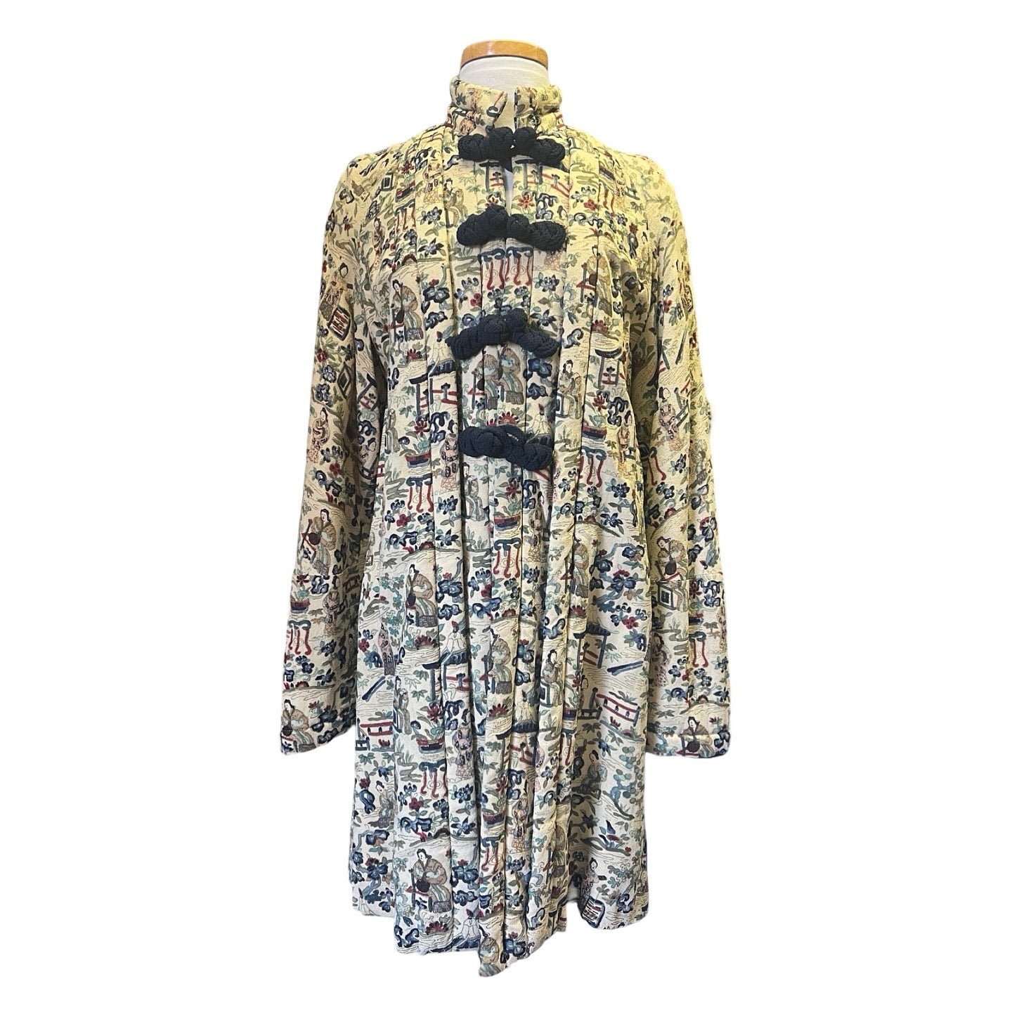Vintage 1960’s Chinese Hand Painted Raw Silk Quilted Cheongsam Swing Coat L