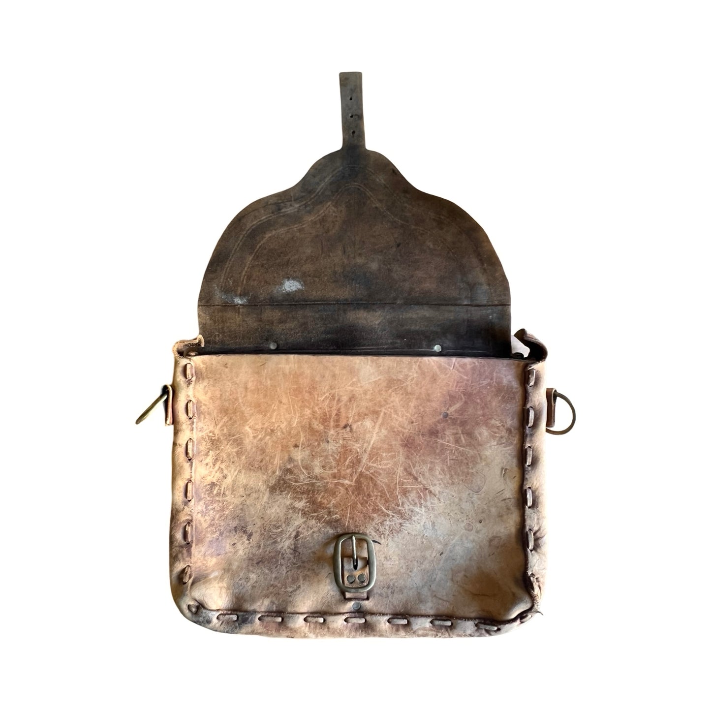 Gorgeous 70’s Vintage Handmade Tooled Leather Messenger Bag Sherpa Lined Removable Strap