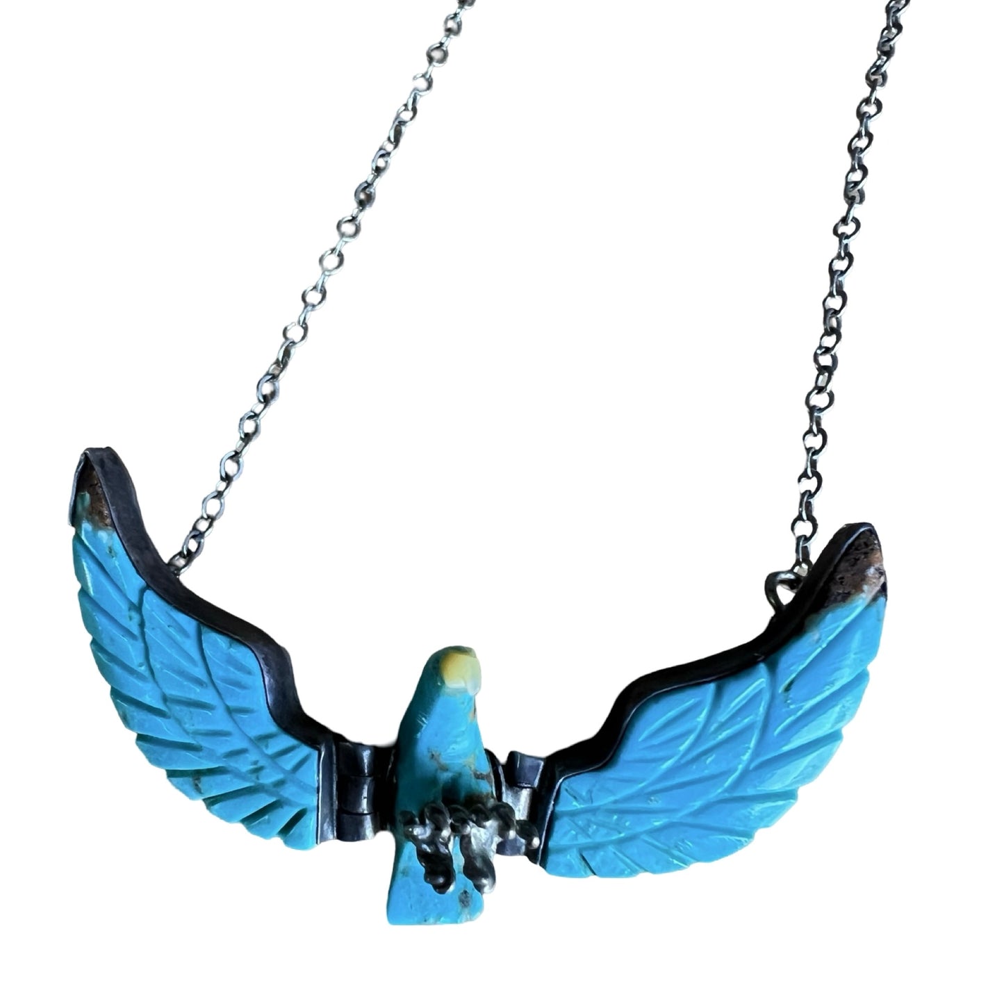 Vintage Signed Marie Bahe Navajo Turquoise Articulated Thunderbird Necklace