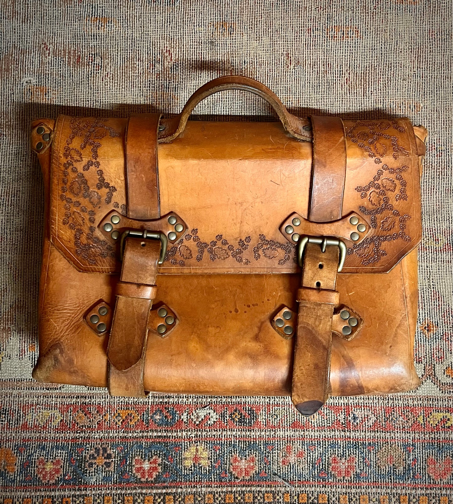 Vintage 70’s Handmade Tooled Leather Messenger Briefcase Brass Hardware