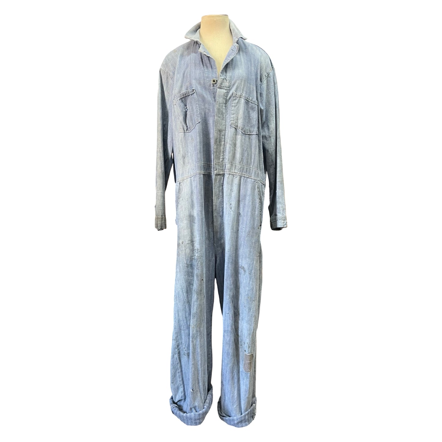 Vintage Heavily Distressed Herringbone Twill Denim Jumpsuit 46