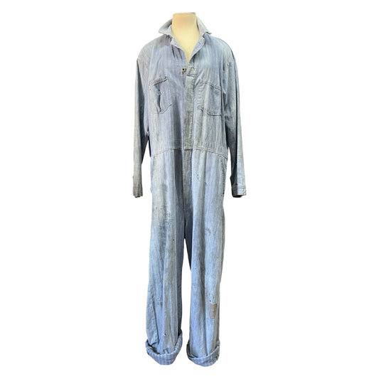 Vintage Heavily Distressed Herringbone Twill Denim Jumpsuit 46