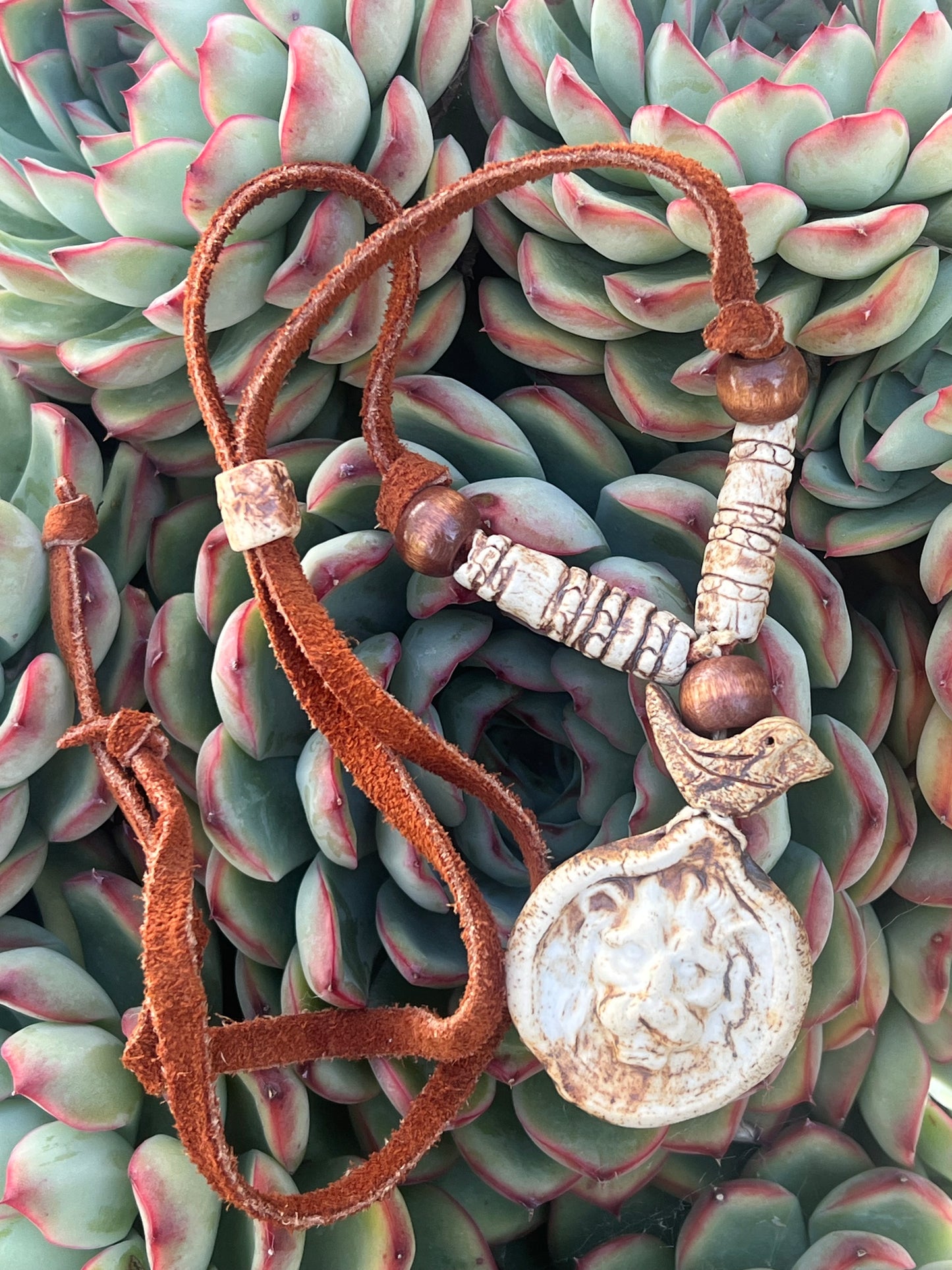 Vintage 70’s Handmade Pottery and Leather Adjustable Necklace w/ Lion & Bird