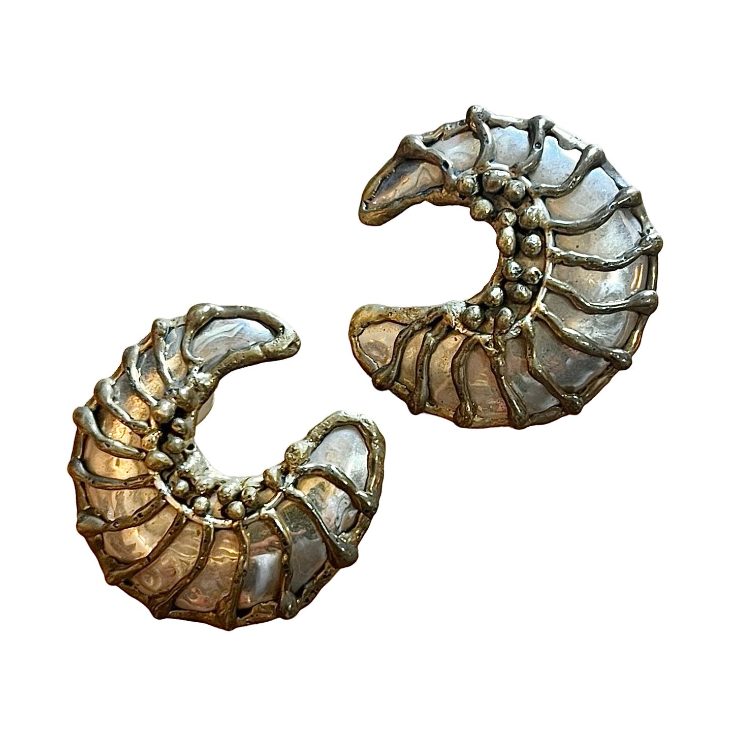 Vintage 70’s/80’s Modernist Brass & Silver Crescent Moon Earrings Hecho En Mexico