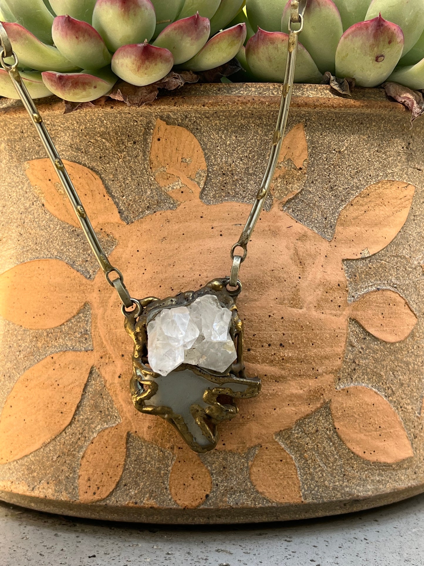 Vintage Modernist Brutalist Crystal Brass Silver Statement Necklace