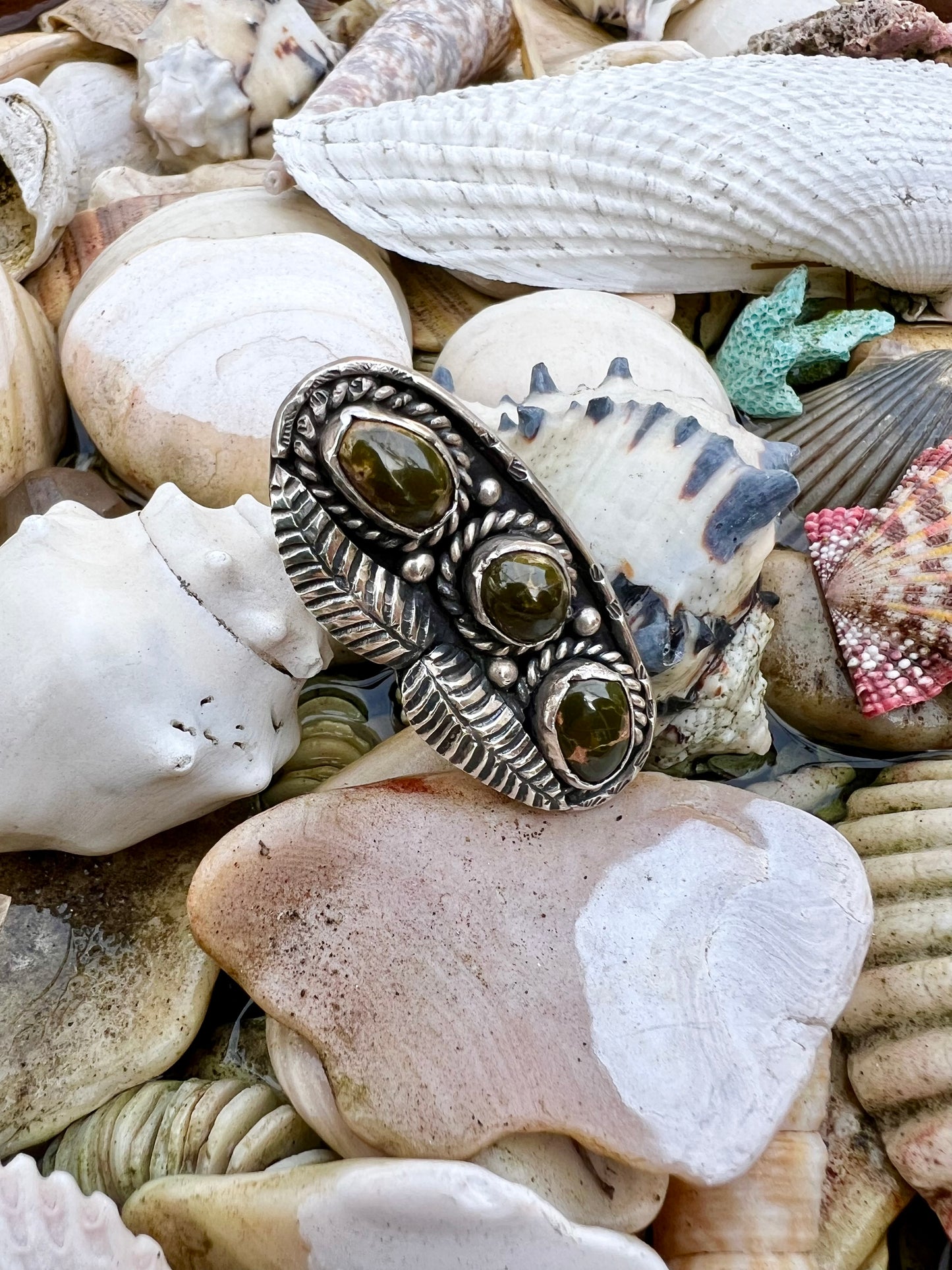 Vintage Navajo Green Turquoise Sterling Silver Ring Hallmark AZ7BB Size 8