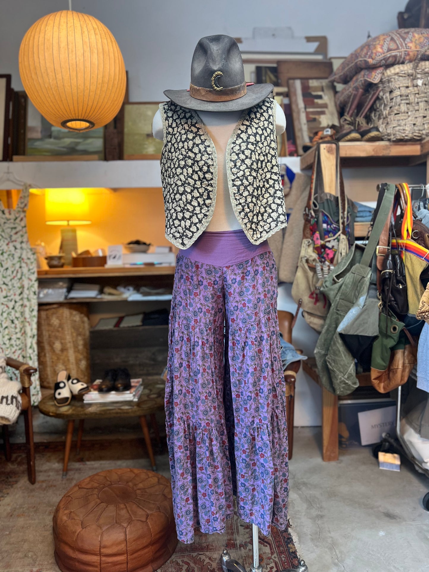 Rare Vintage India Block Print Cotton Gauze Tiered Palazzo Pants S/M