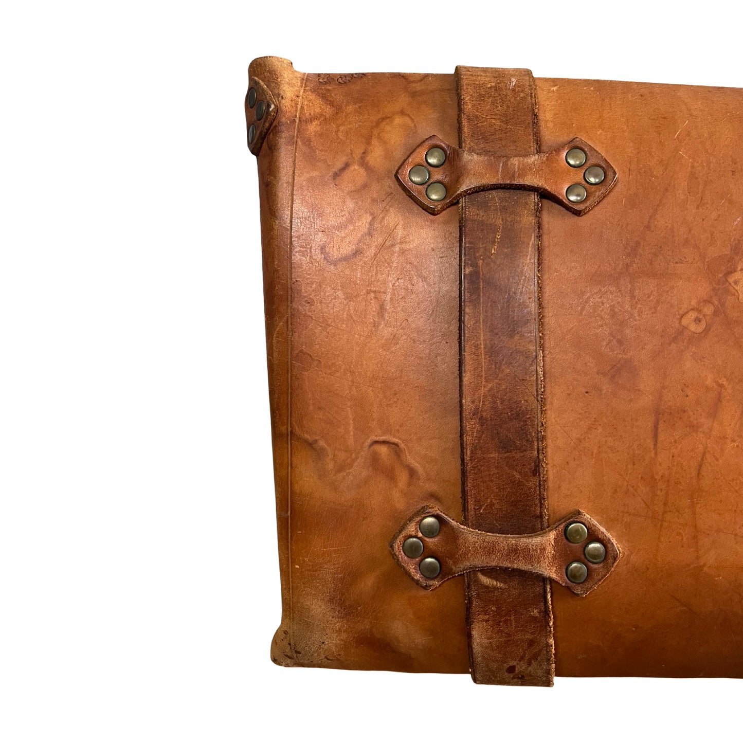 Vintage 70’s Handmade Tooled Leather Messenger Briefcase Brass Hardware