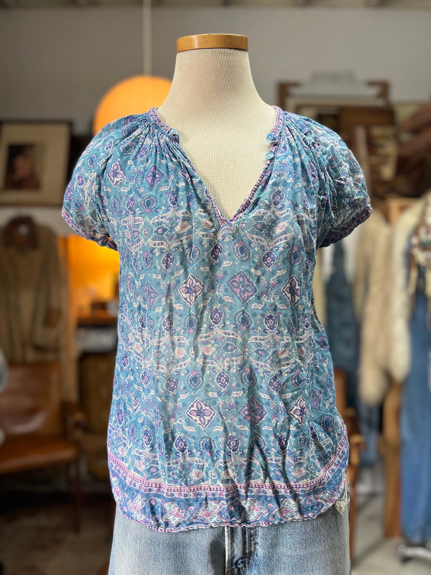 Rare Vintage 70’s India Gauze Block Print Cap Sleeve Top XS