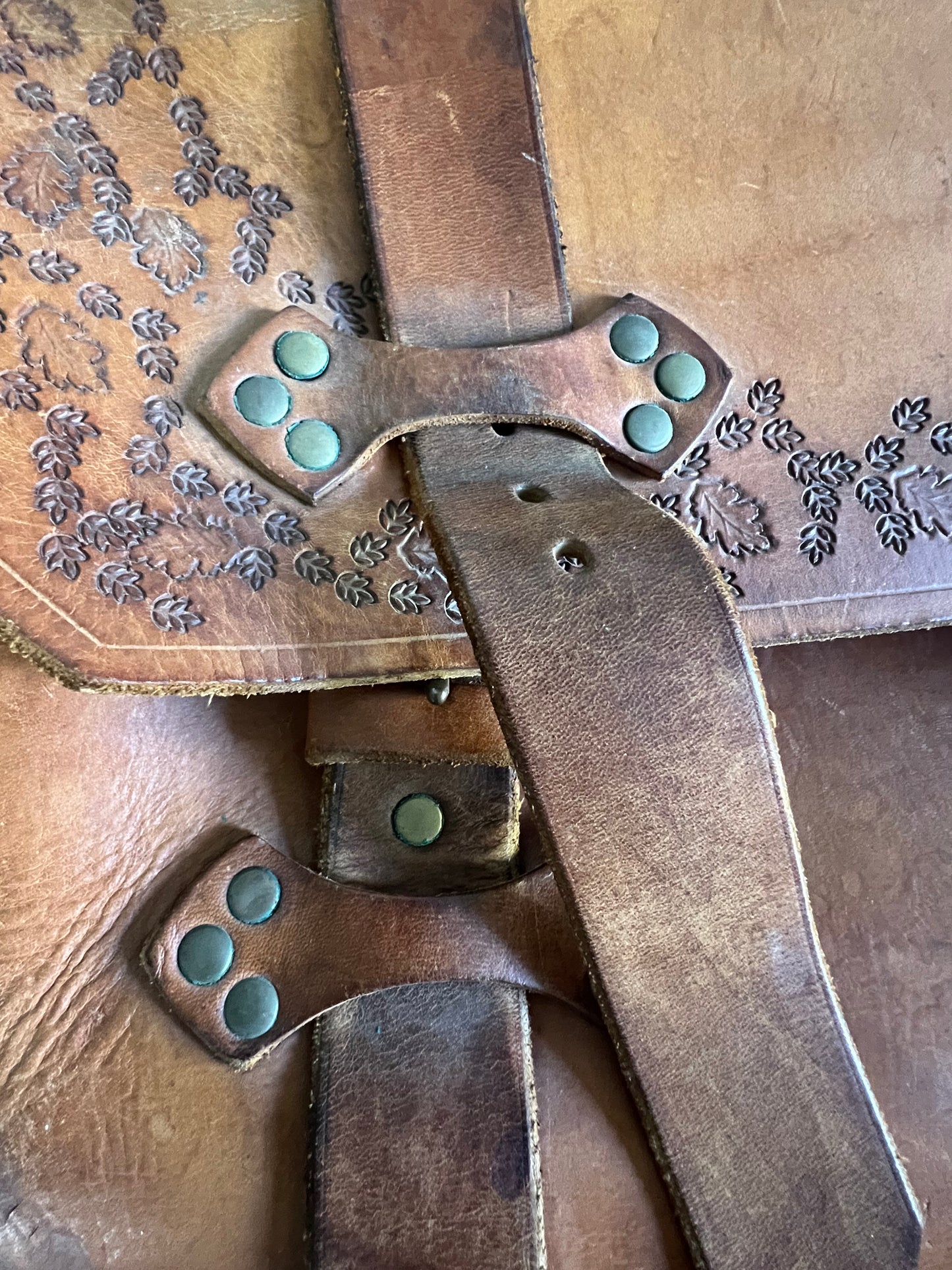 Vintage 70’s Handmade Tooled Leather Messenger Briefcase Brass Hardware