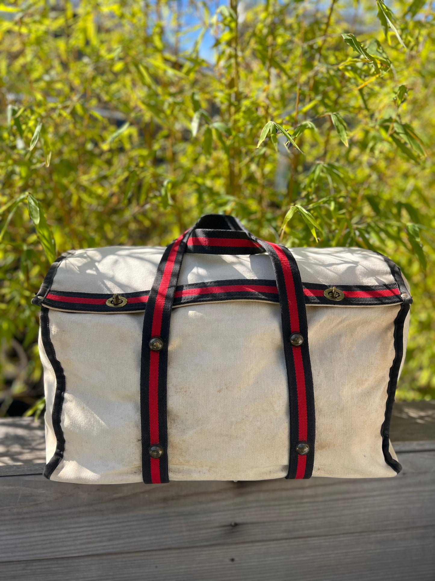 Rare Vintage 1970’s Heavy Canvas Weekender Tote w/ Brass Hardware Striped Webbing