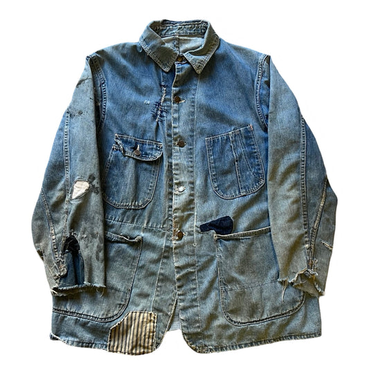 Vintage Rare 50’s Sears Denim Chore Coat Work Wear Heavily Distressed Original Repair L