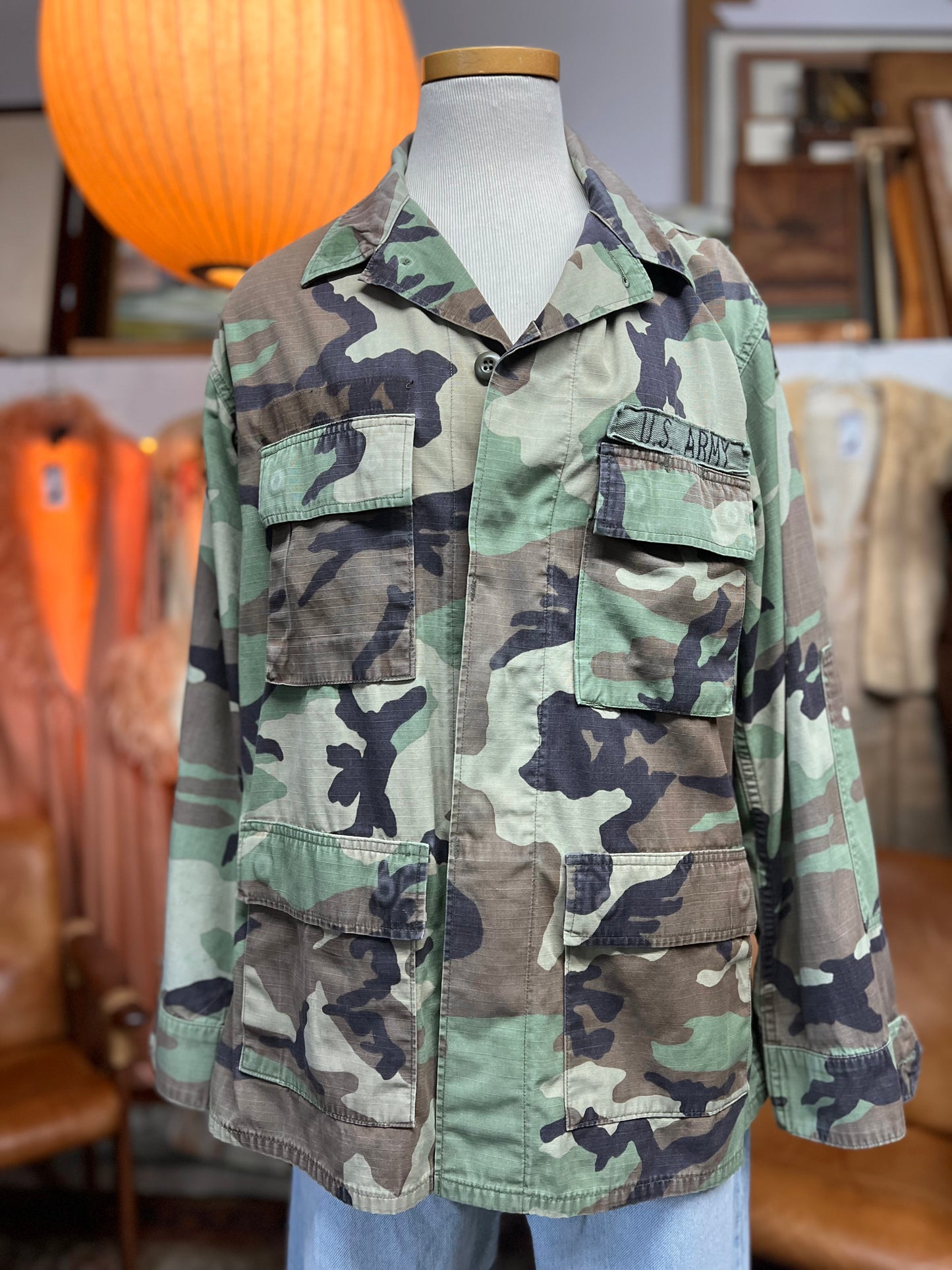 Vintage US Army Camouflage Shirt Jacket Double Elbow Great Fade