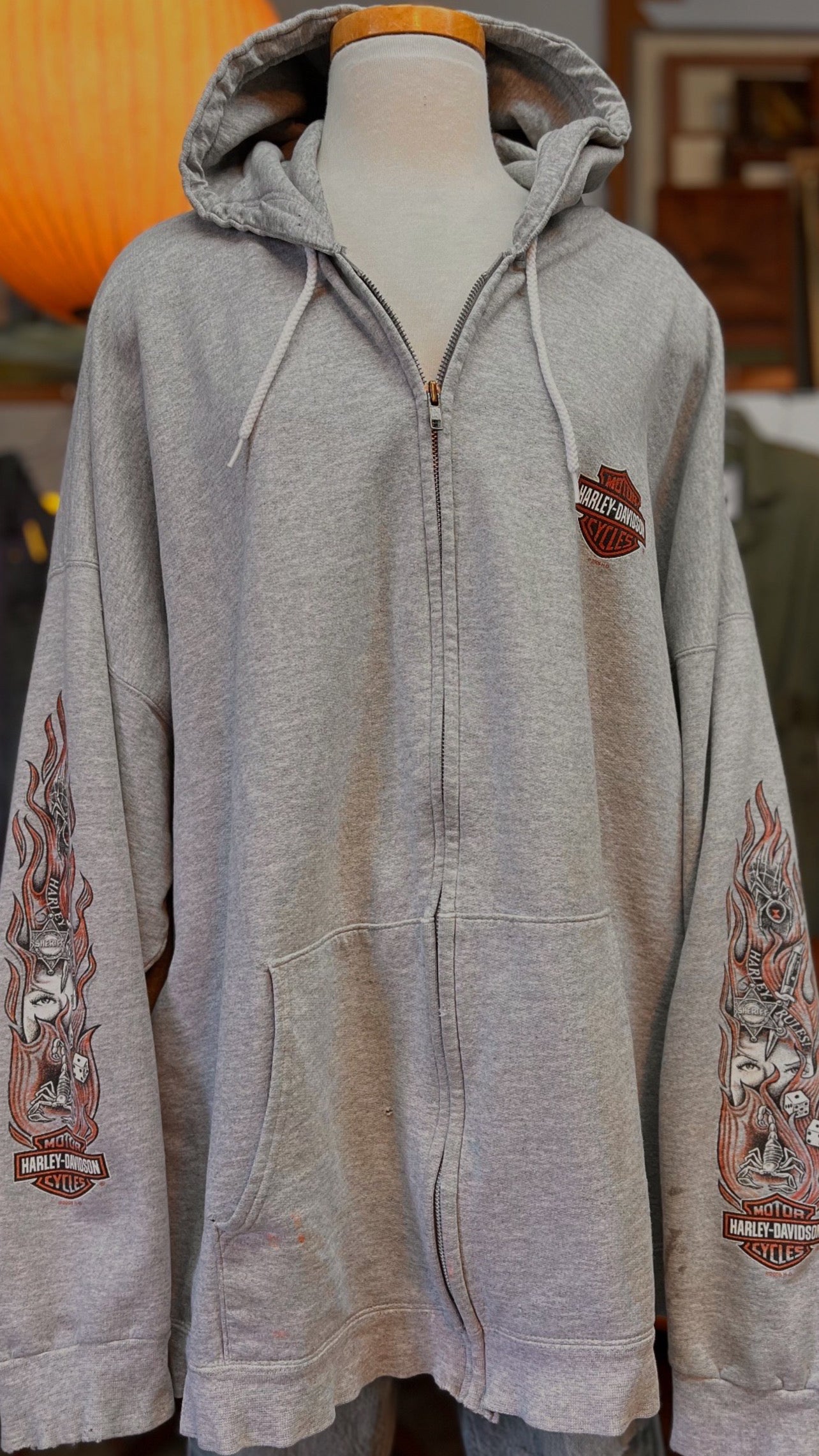 Vintage Heavily Distressed Oversized Harley Davidson Zip Hoodie 3XL