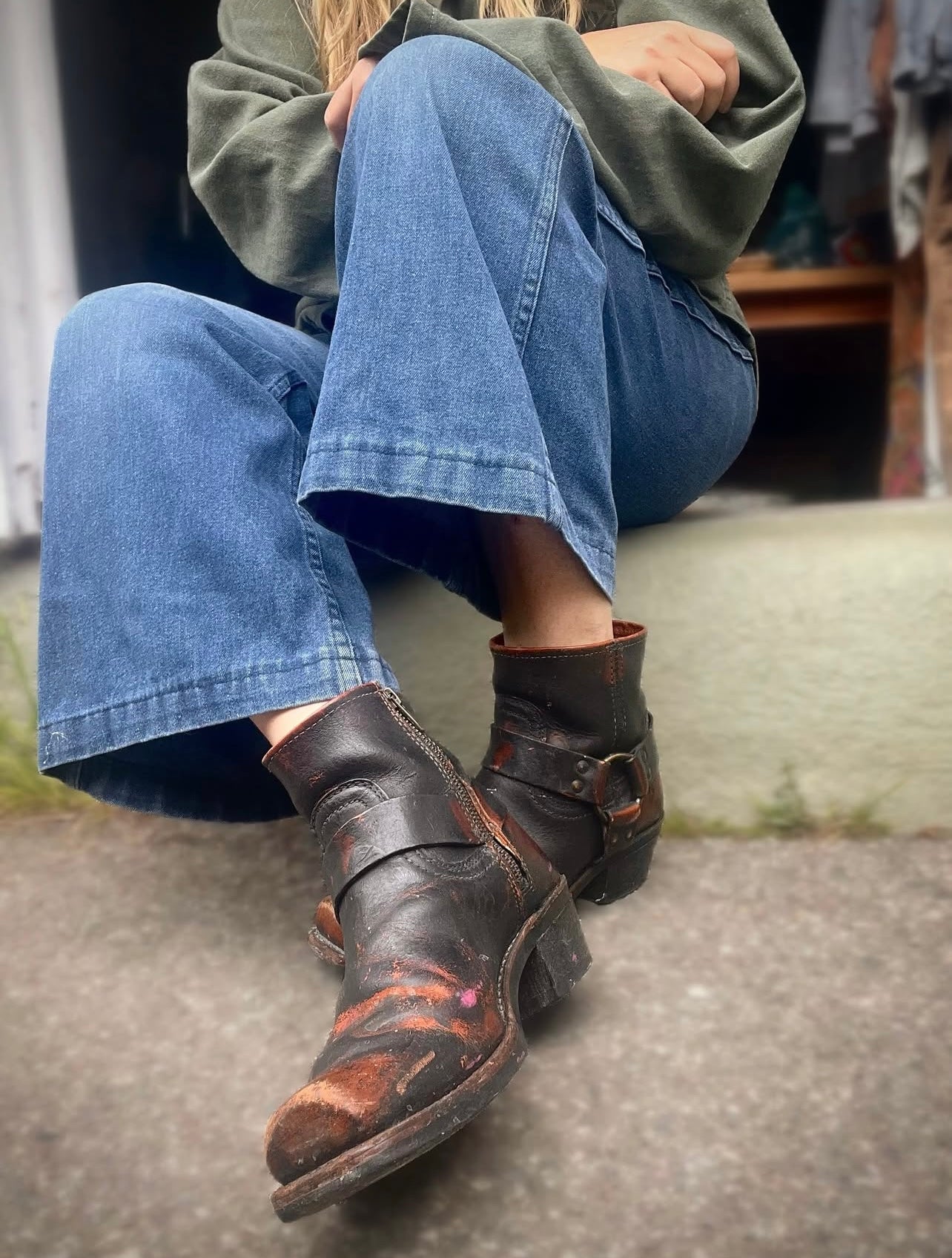 Vintage Frye Harness Ankle Zip Boots Distressed 8.5