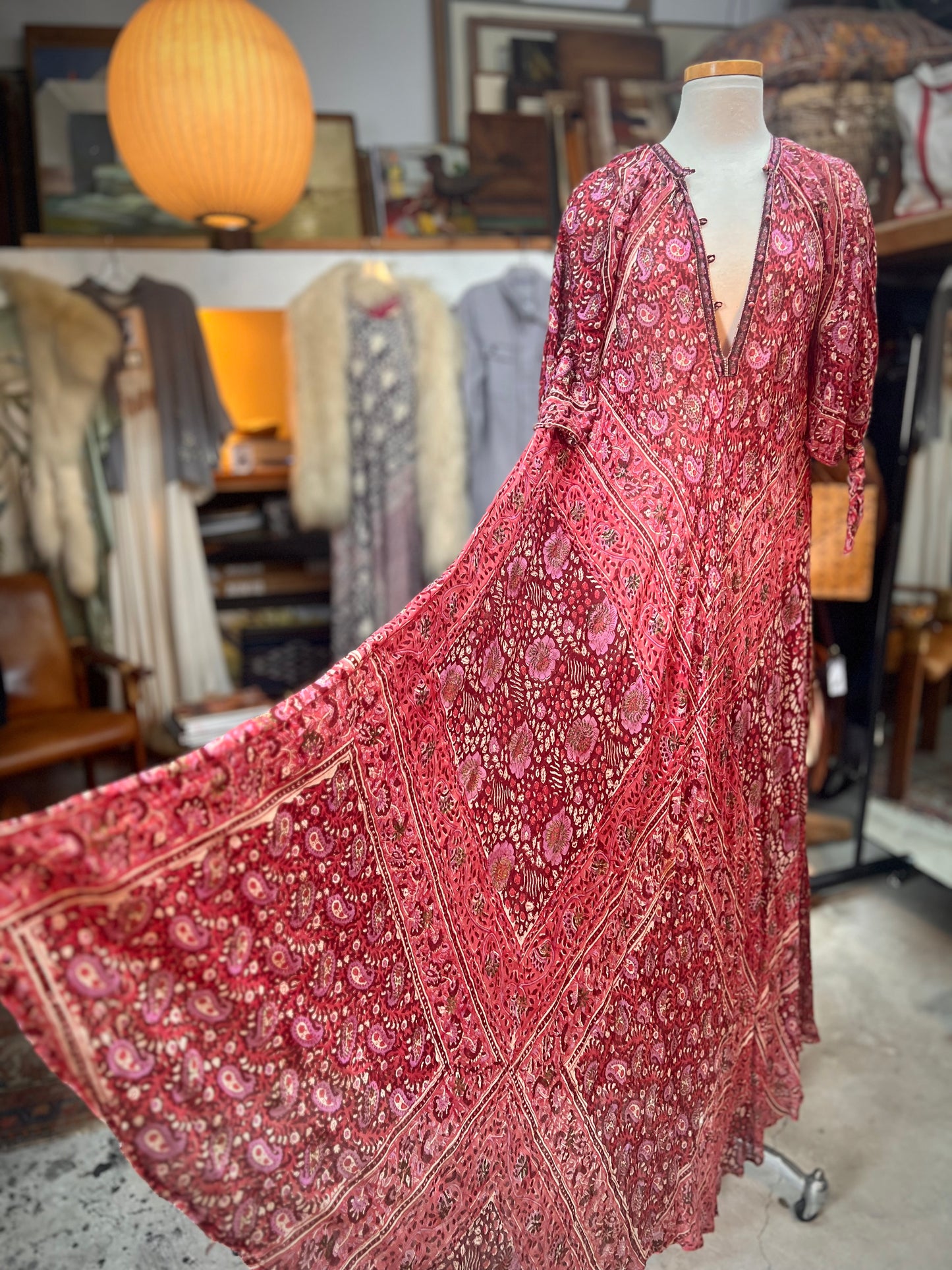 Rare Vintage Zodiac India Block Print Maxi Dress M