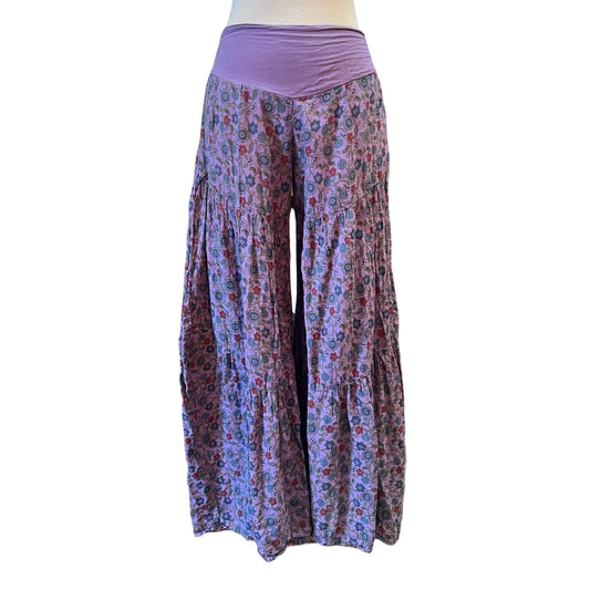 Rare Vintage India Block Print Cotton Gauze Tiered Palazzo Pants S/M
