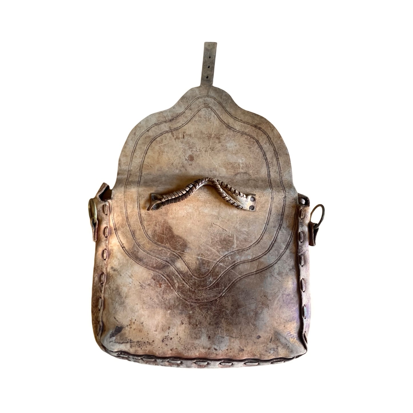 Gorgeous 70’s Vintage Handmade Tooled Leather Messenger Bag Sherpa Lined Removable Strap