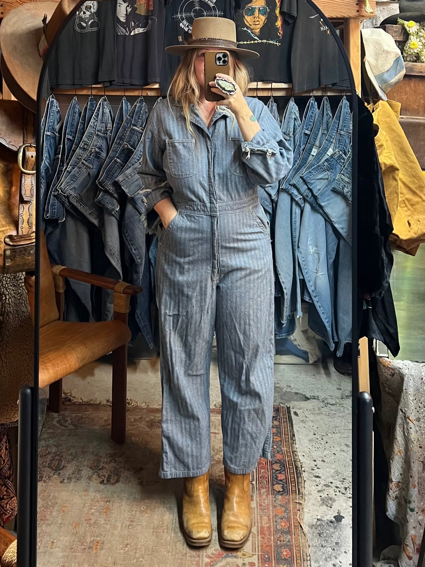 Vintage Distressed 1950’s Herringbone Twill Denim Jumpsuit 42L