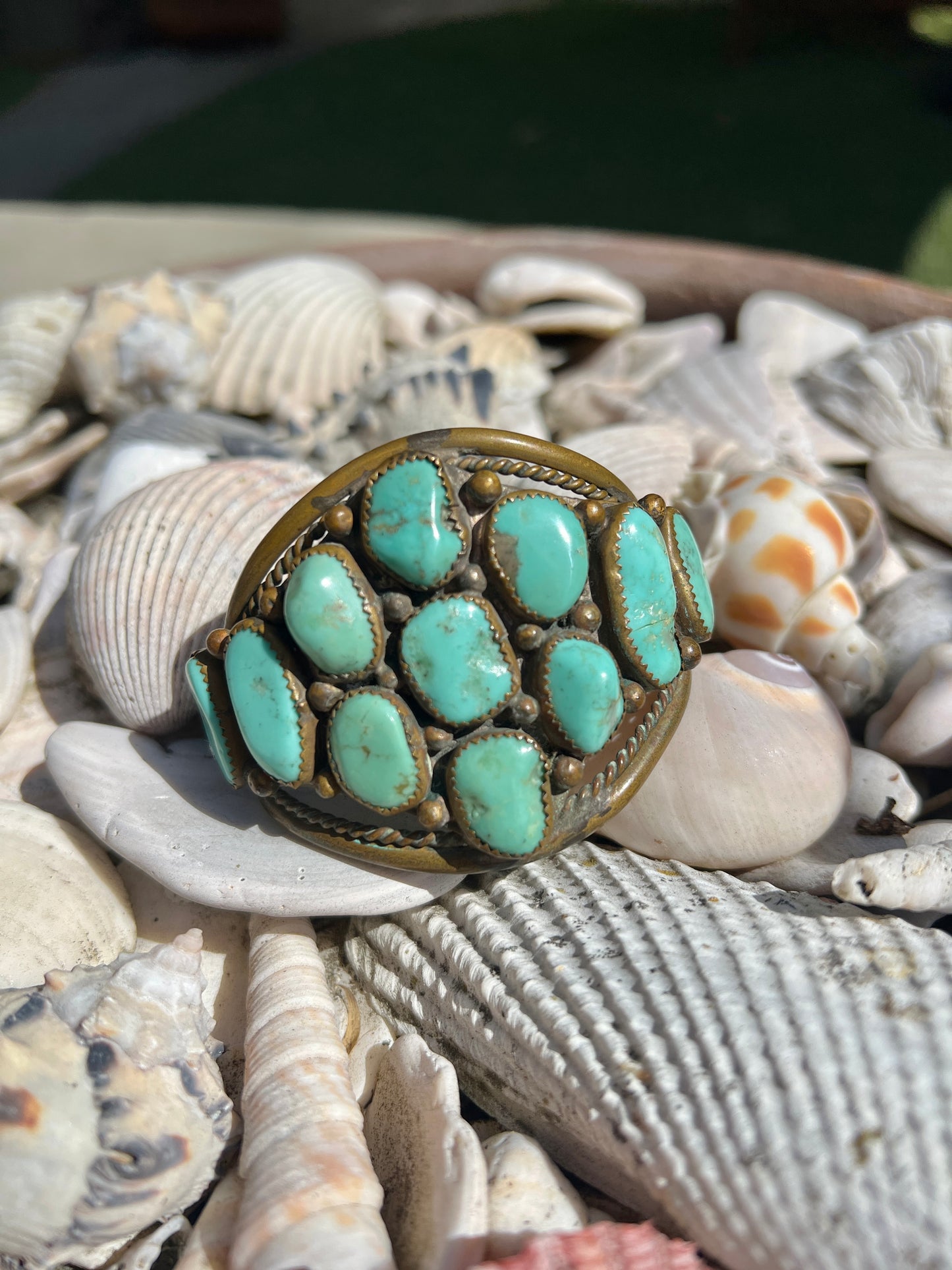 RARE Vintage Navajo Brass & Turquoise Cluster Cuff Hallmark DD