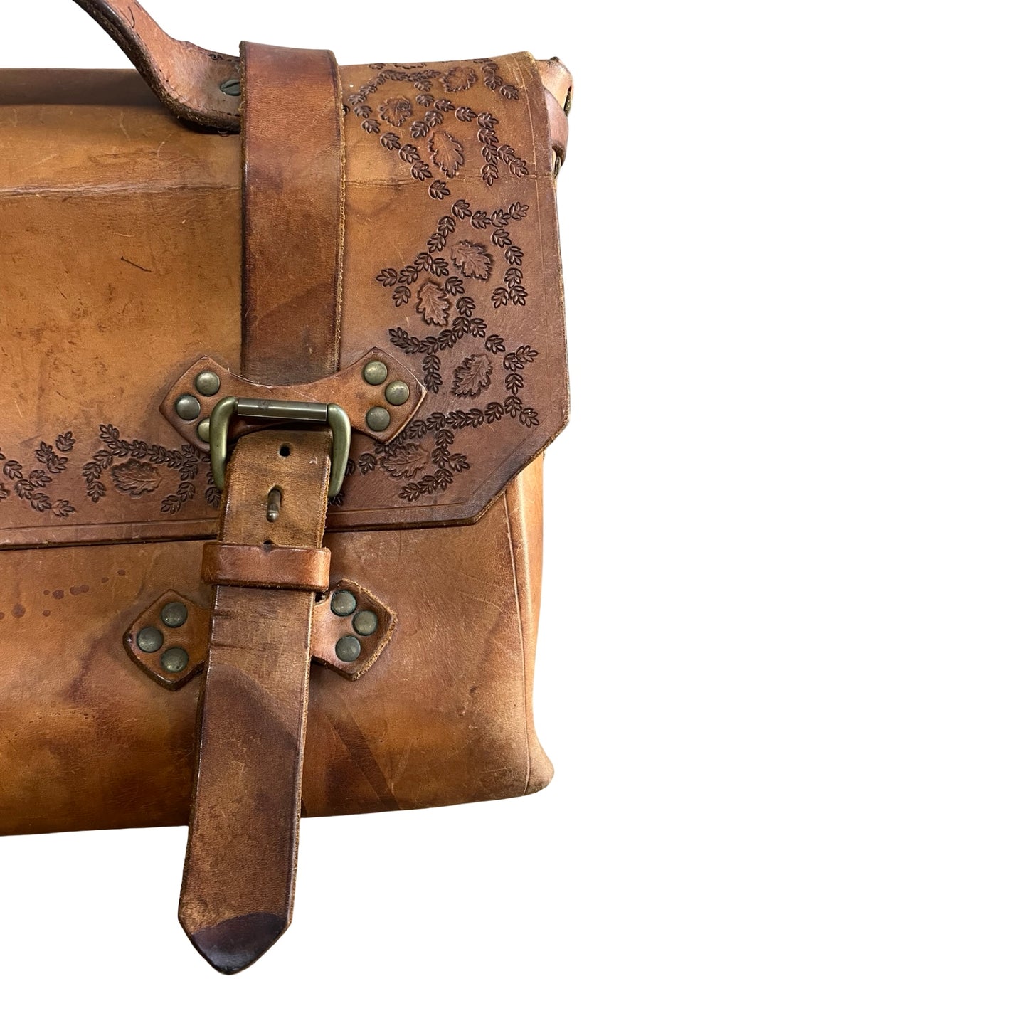 Vintage 70’s Handmade Tooled Leather Messenger Briefcase Brass Hardware