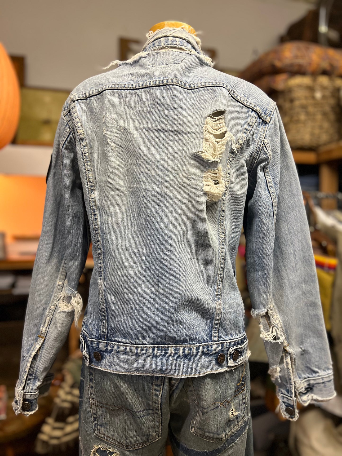 Vintage Thrashed & Distressed Levi’s Denim Jacket Harley Davidson and USA Patches