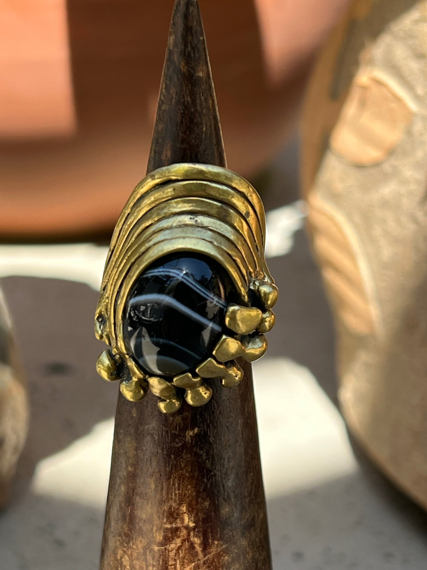 Vintage 60’s Modernist Brass Onyx Ring 6