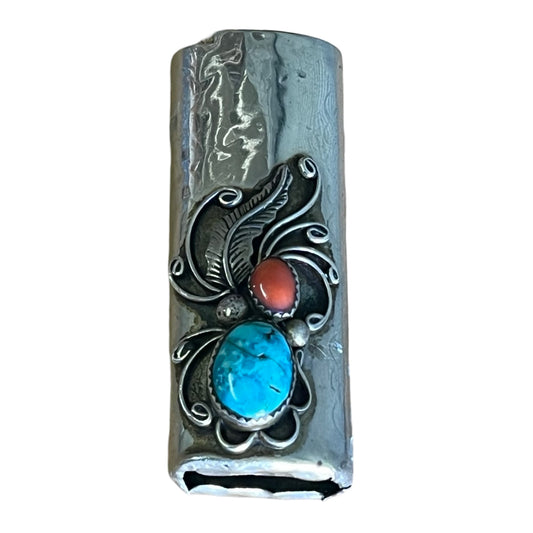 Vintage Navajo Sterling Silver Turquoise & Coral Lighter Cover