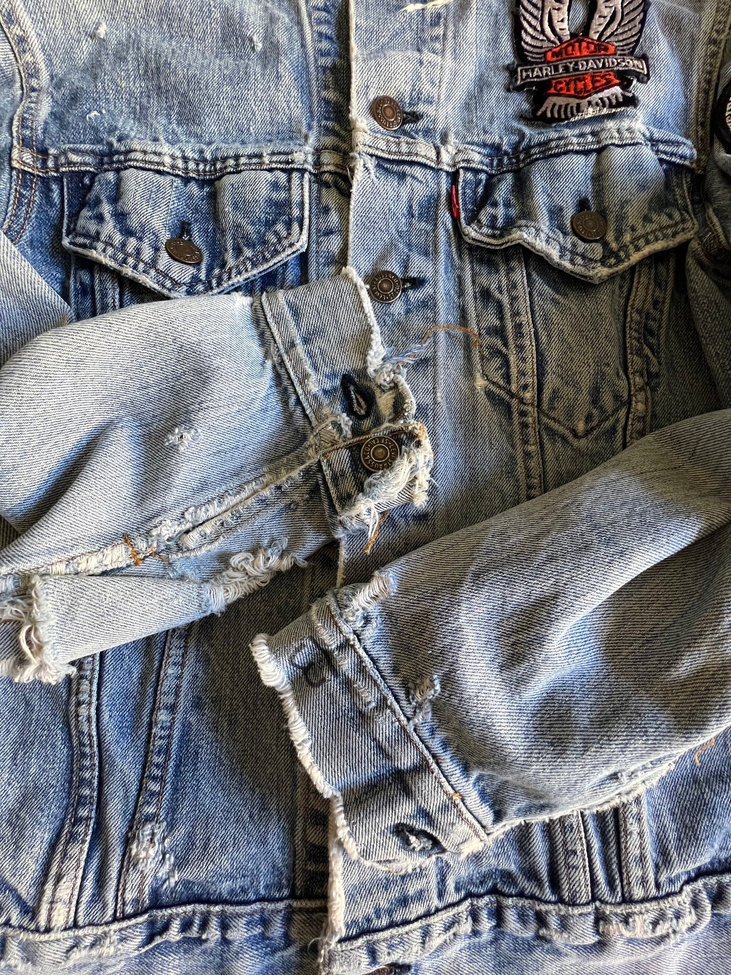 Vintage Thrashed & Distressed Levi’s Denim Jacket Harley Davidson and USA Patches