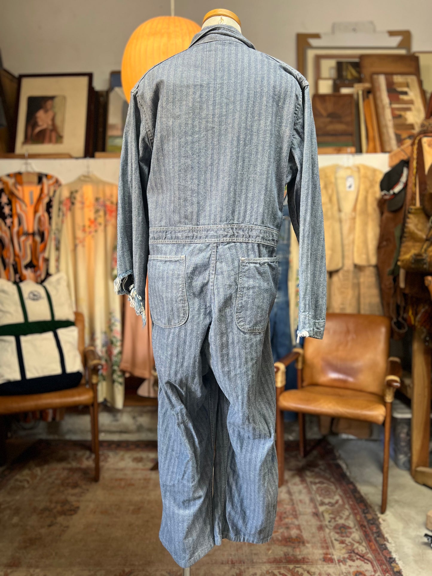 Vintage Distressed 1950’s Herringbone Twill Denim Jumpsuit 42L