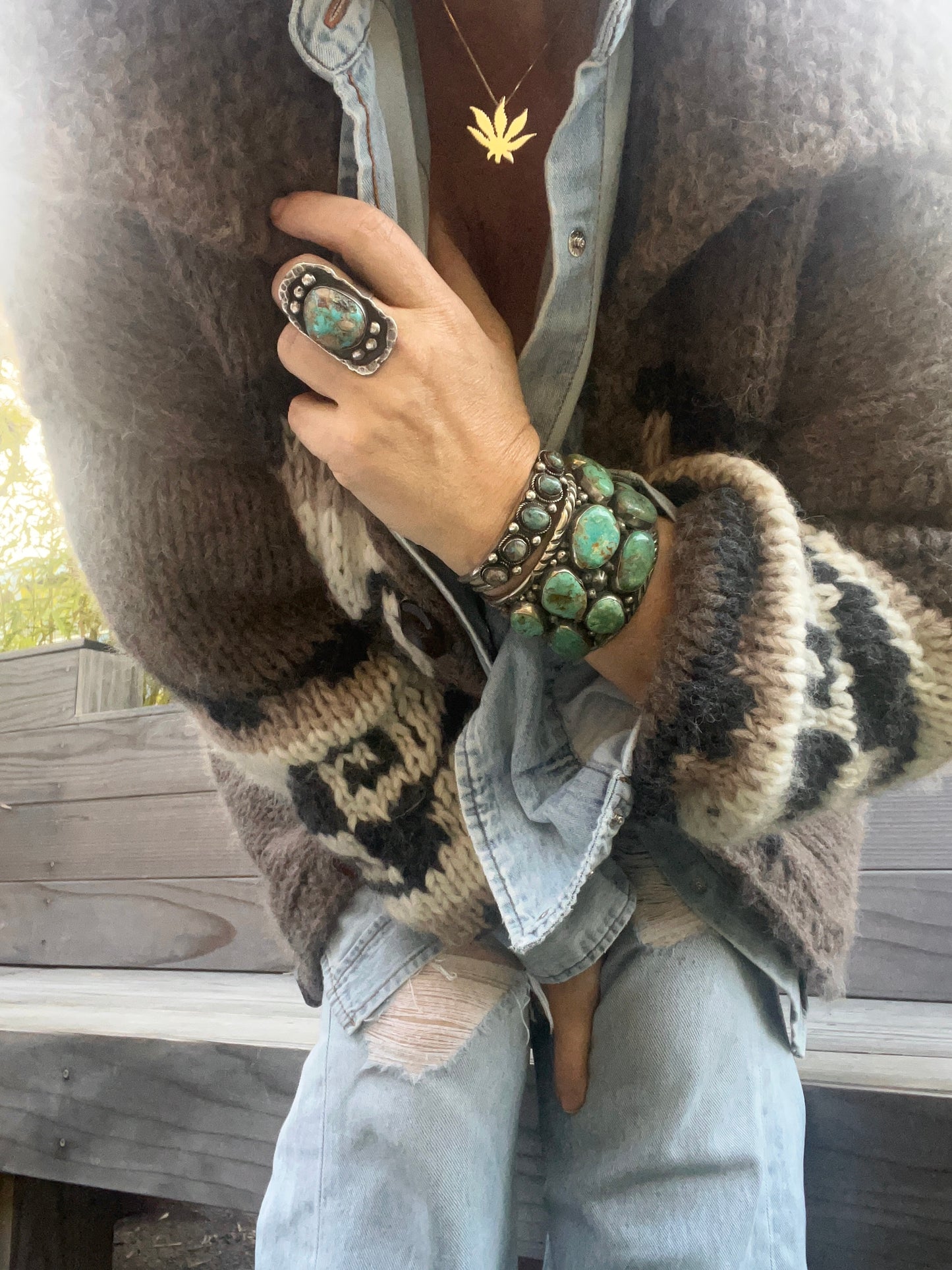 Vintage Large Navajo Brutalist Turquoise & Sterling Ring Signed Agrella 1973