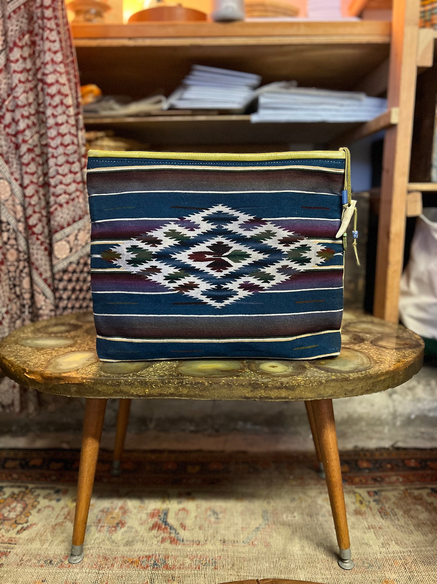 Huge Clutch Portfolio Vintage Serape and Reclaimed Leather Vintage Bead & Antler Zipper Charm