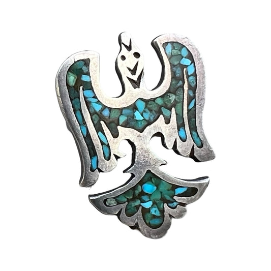 Vintage Sterling Silver Turquoise Mosaic Inlay Thunderbird Ring 5.5