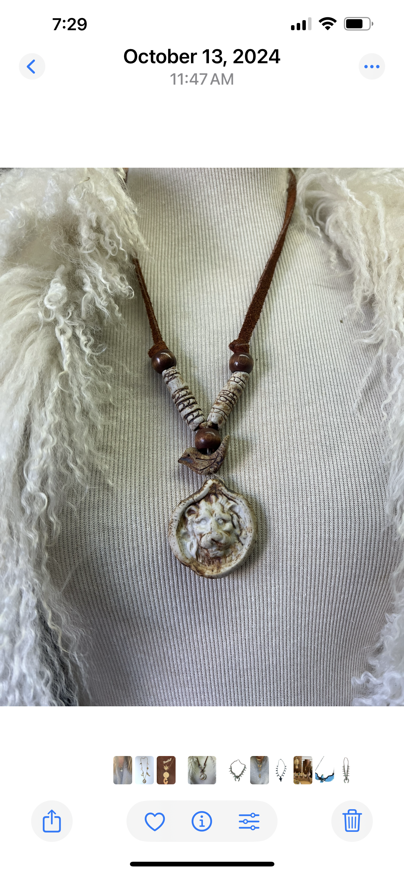 Vintage 70’s Handmade Pottery and Leather Adjustable Necklace w/ Lion & Bird