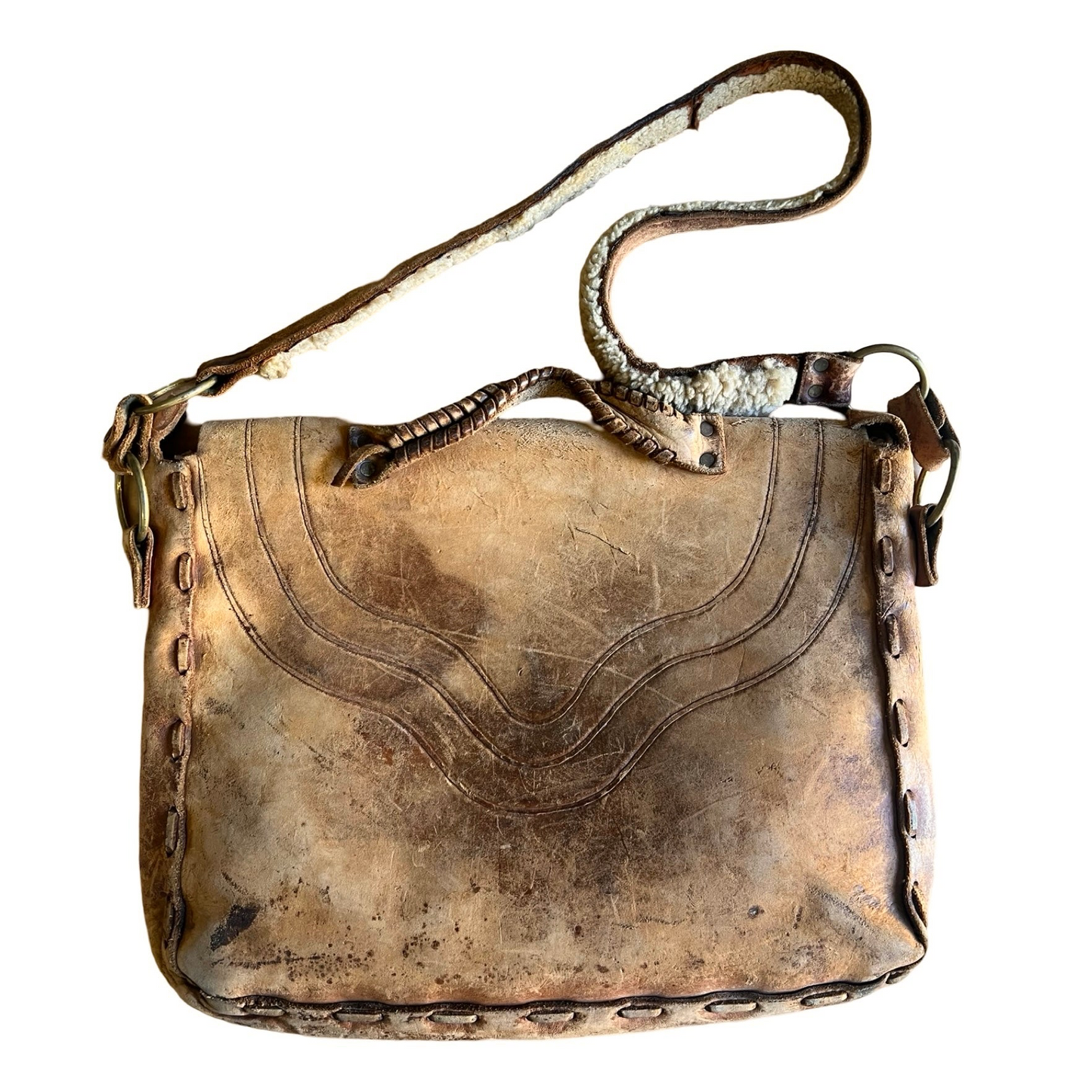 Gorgeous 70’s Vintage Handmade Tooled Leather Messenger Bag Sherpa Lined Removable Strap