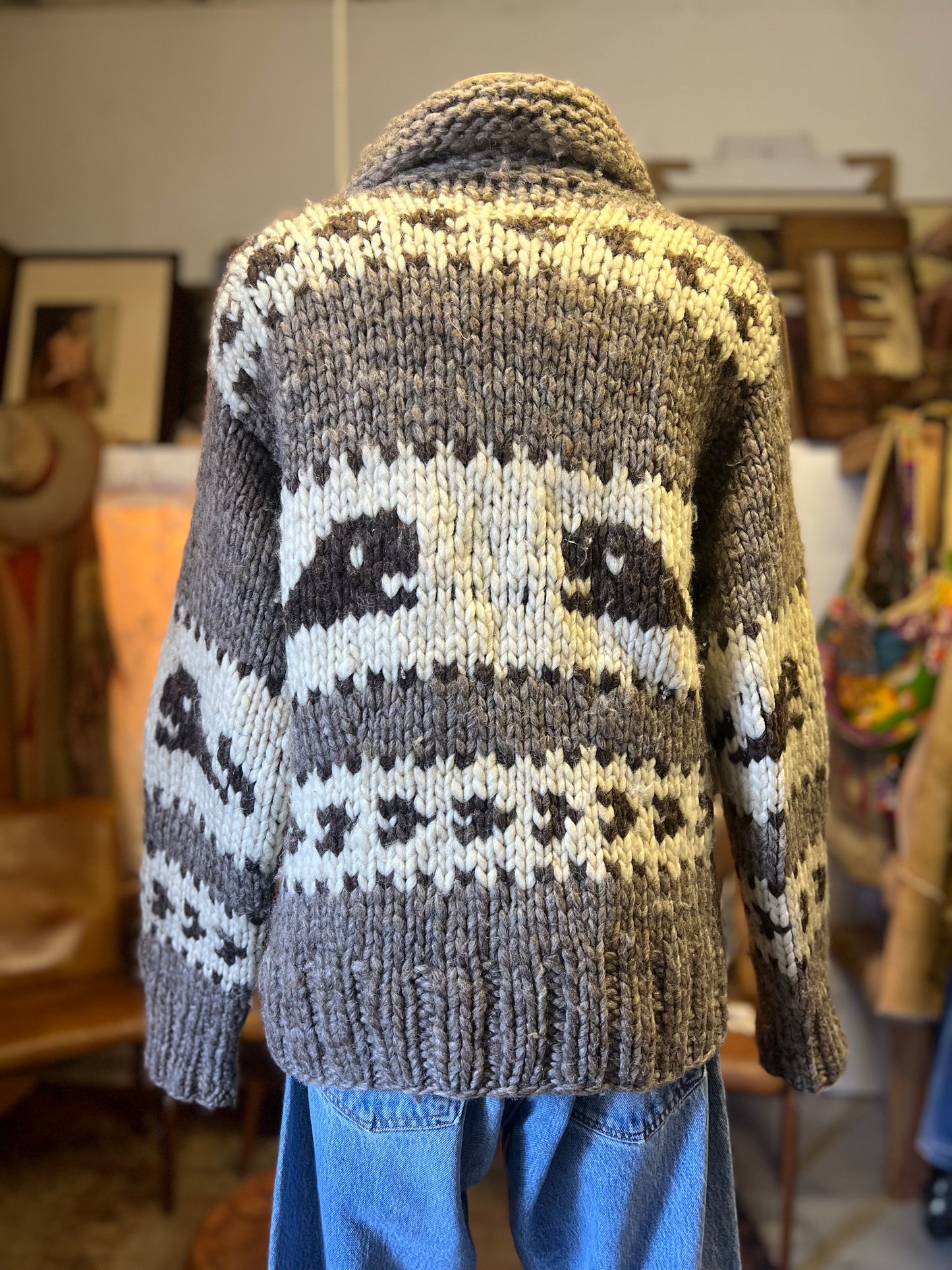 Vintage Whale Cowichan Zip Front Cardigan Sweater Soft & Thick Wool