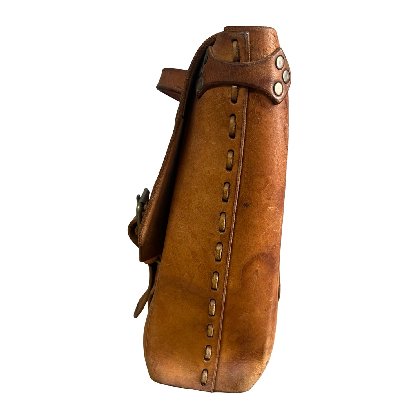 Vintage 70’s Handmade Tooled Leather Messenger Briefcase Brass Hardware