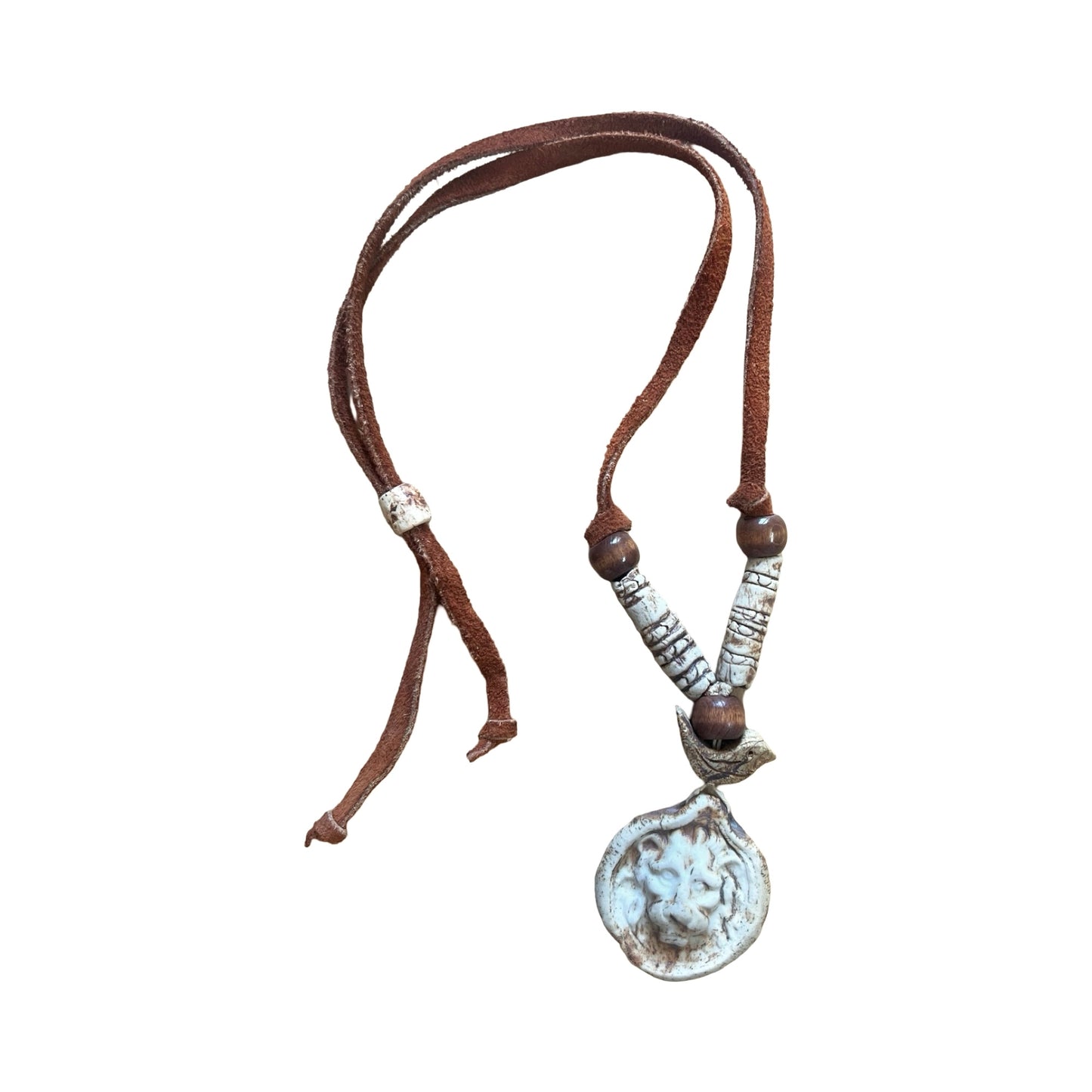 Vintage 70’s Handmade Pottery and Leather Adjustable Necklace w/ Lion & Bird