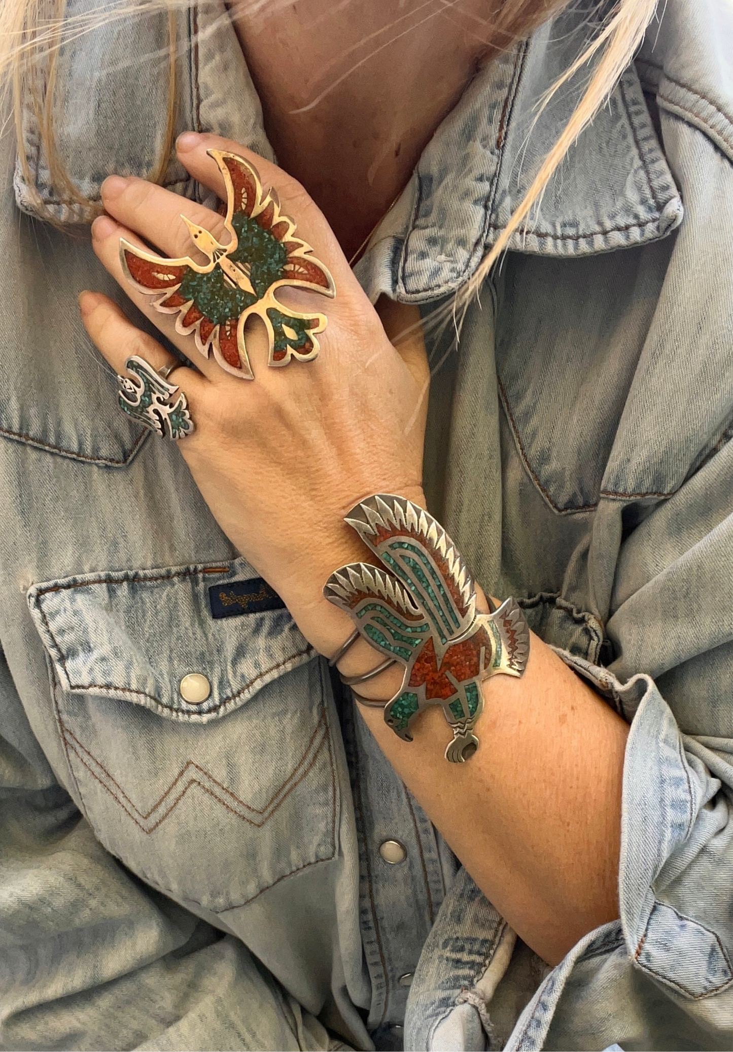 Huge Vintage Navajo Sterling Silver Turquoise & Coral Mosaic Inlay Thunderbird Ring Size 9