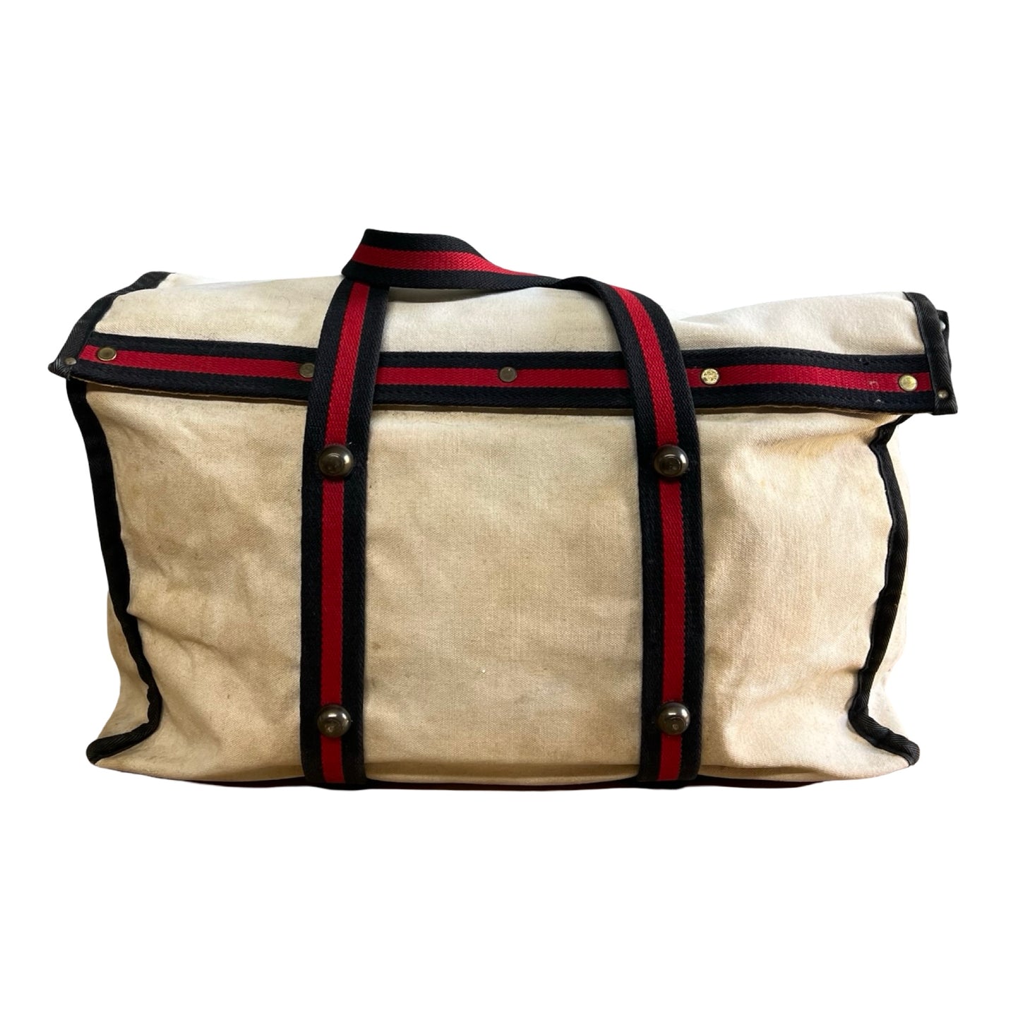Rare Vintage 1970’s Heavy Canvas Weekender Tote w/ Brass Hardware Striped Webbing