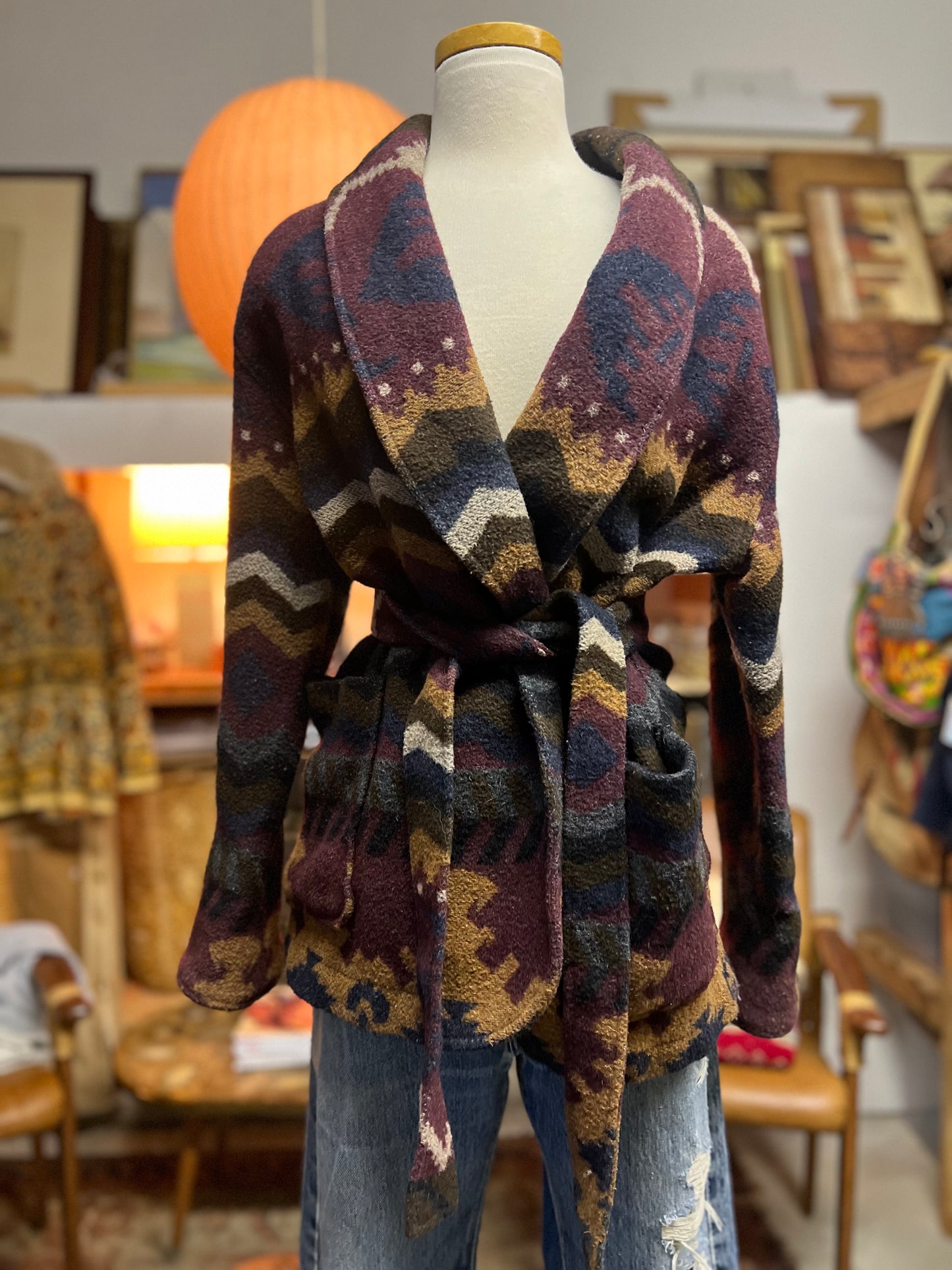 Vintage 80’s Belted Blanket Blazer Jacket Robe Shawl Collar Southwestern Design