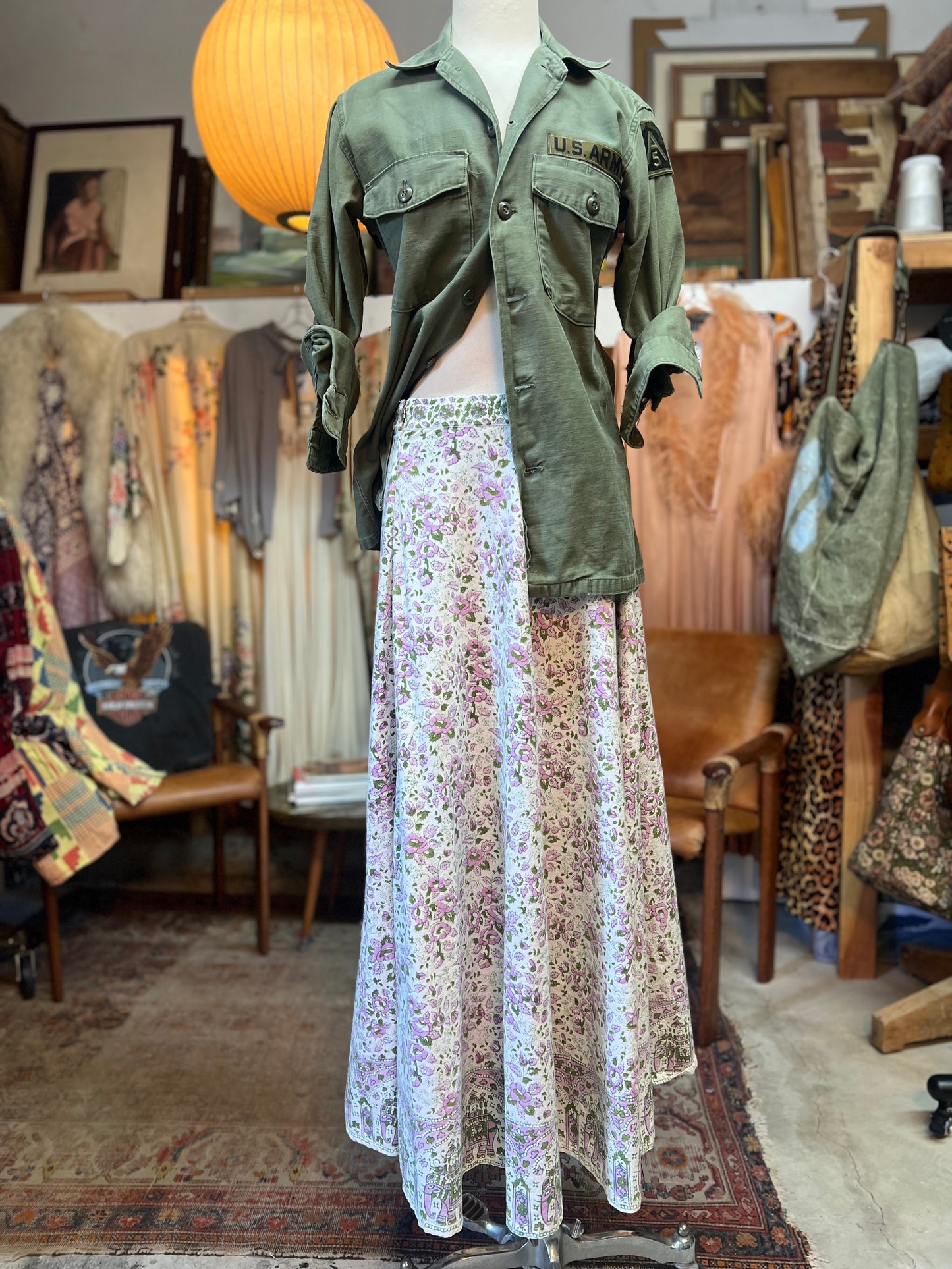 Vintage 70’s India Block Print Floral Maxi Skirt XL