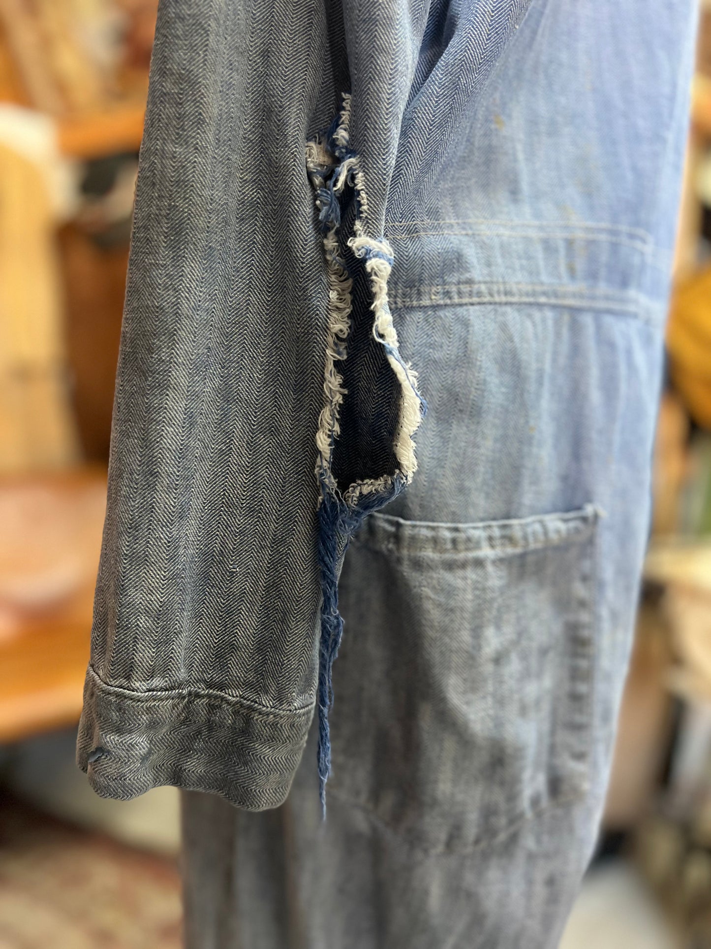 Vintage Heavily Distressed Herringbone Twill Denim Jumpsuit 46