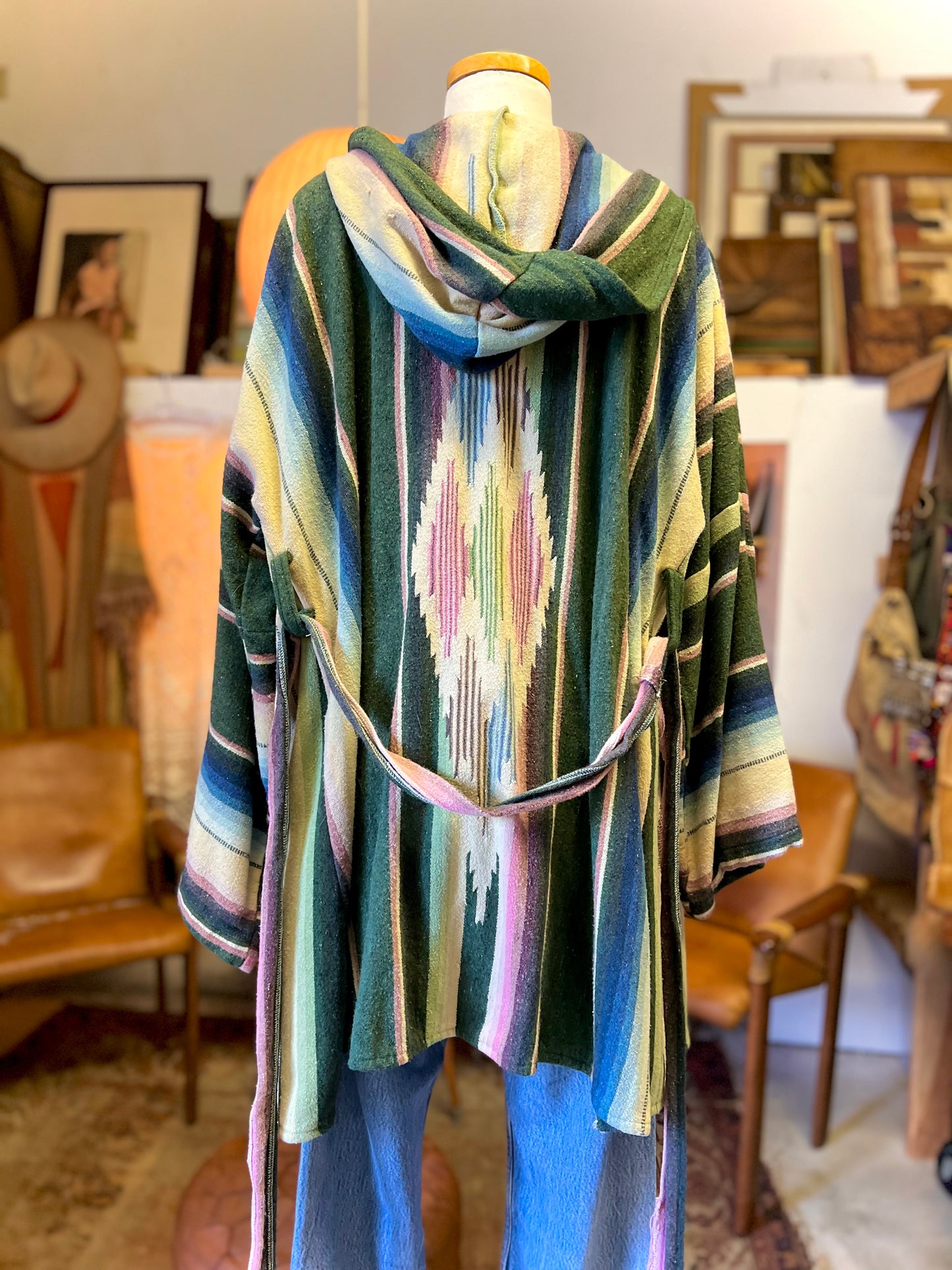 One-of-a-kind Handmade Vintage Serape Belted Hooded Surf Robe