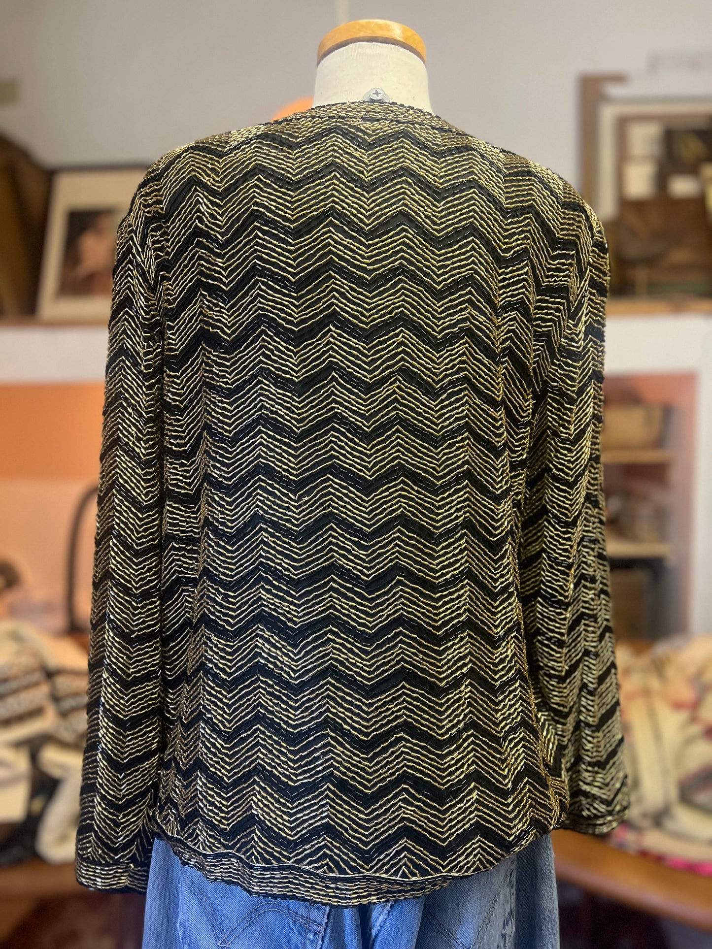 Vintage 70’s Stenay Silk & Sequin Chevron Pattern Jacket Top Made In India