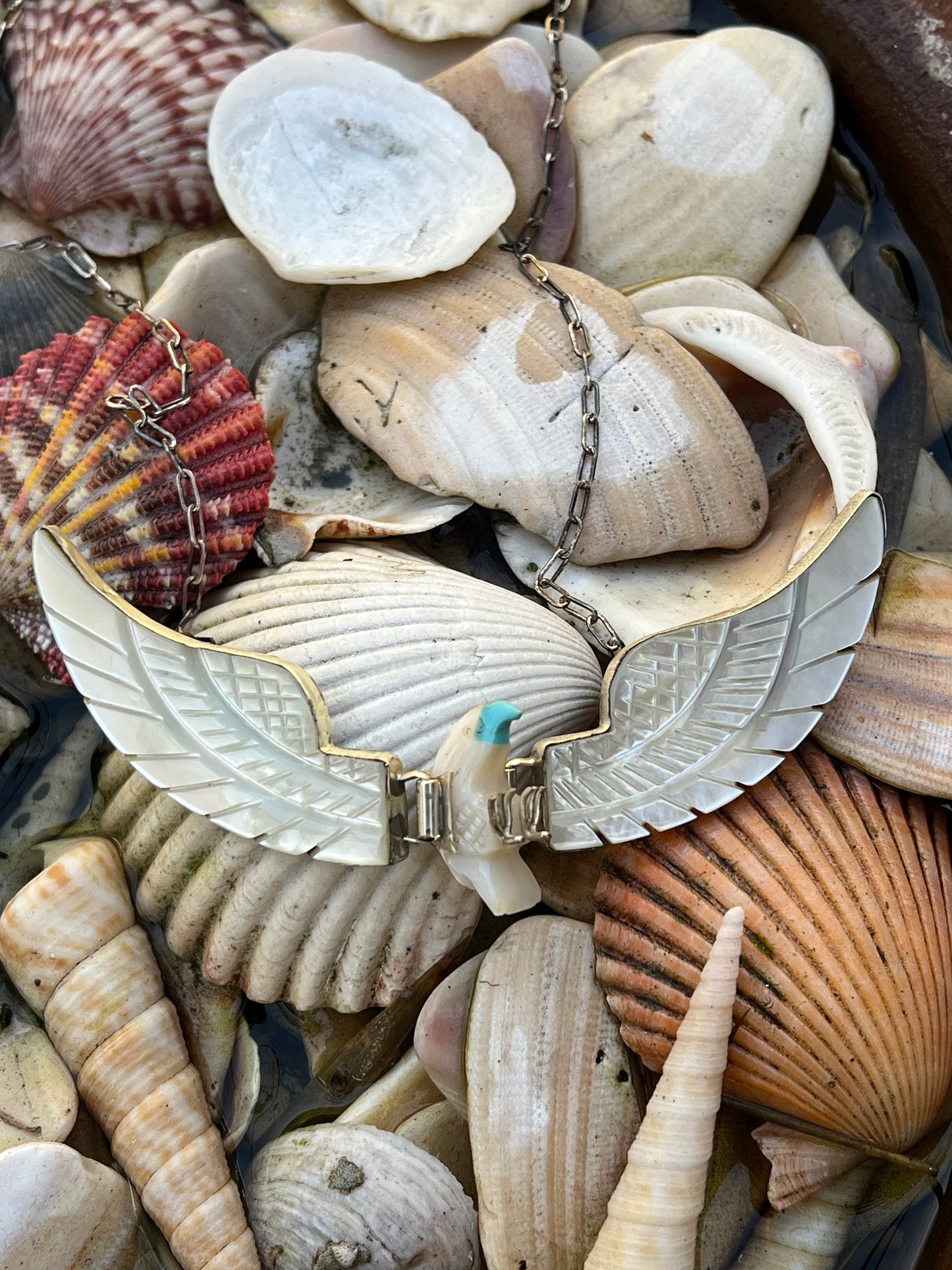 Vintage Huge Ben Livingston Mother Of Pearl Articulated Thunderbird Necklace