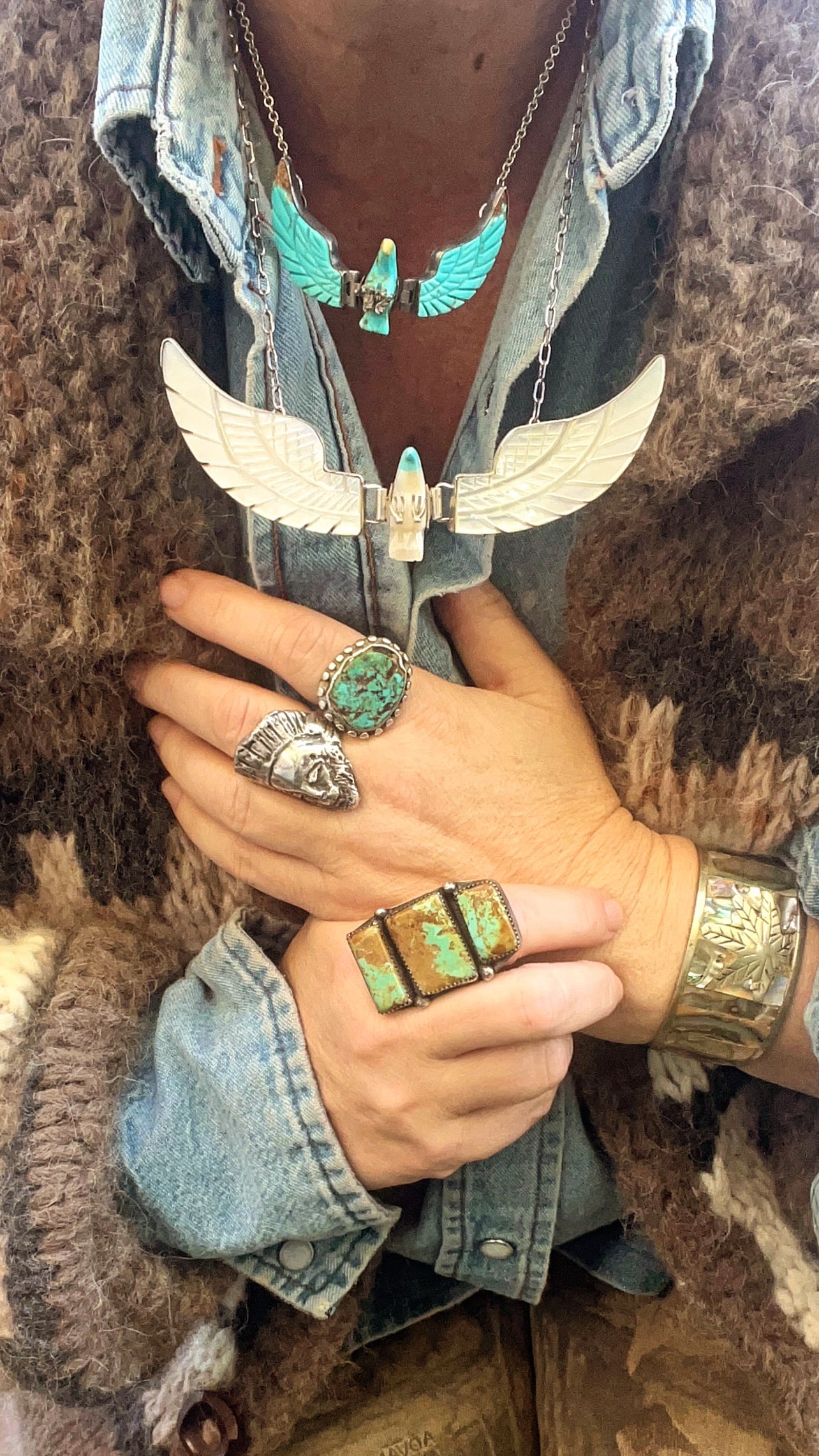 Vintage Huge Ben Livingston Mother Of Pearl Articulated Thunderbird Necklace